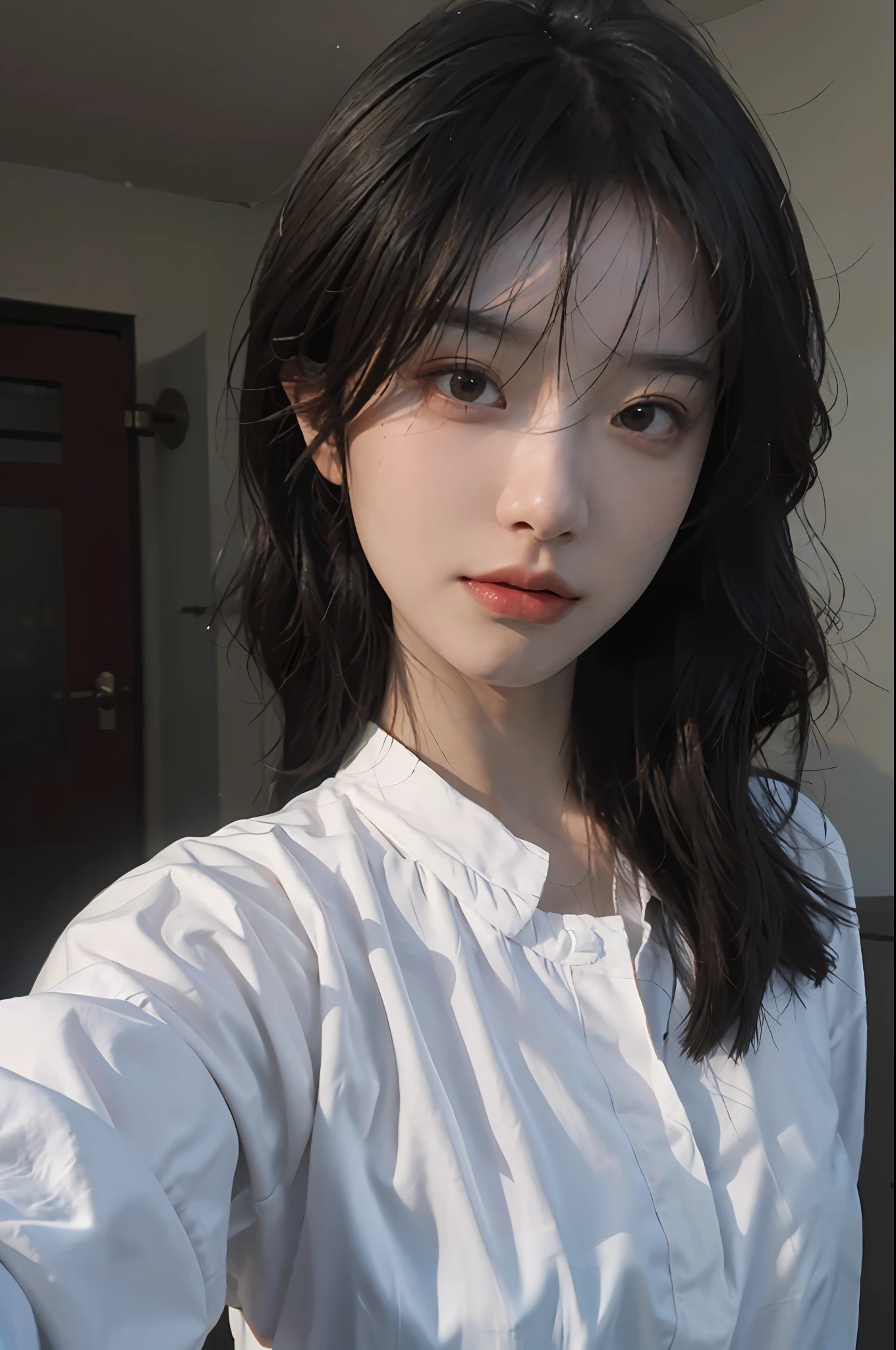 8K, Best Quality, Masterpiece, Ultra High Resolution, (Realism: 1.4), Original Photo, (Realistic Skin Texture: 1.3), (Film Grain: 1.3), (Selfie Angle), 1 Girl, Beautiful Eyes and Face Details, Masterpiece, Best Quality, Close-up, Upper Body, Looking at the Viewer
