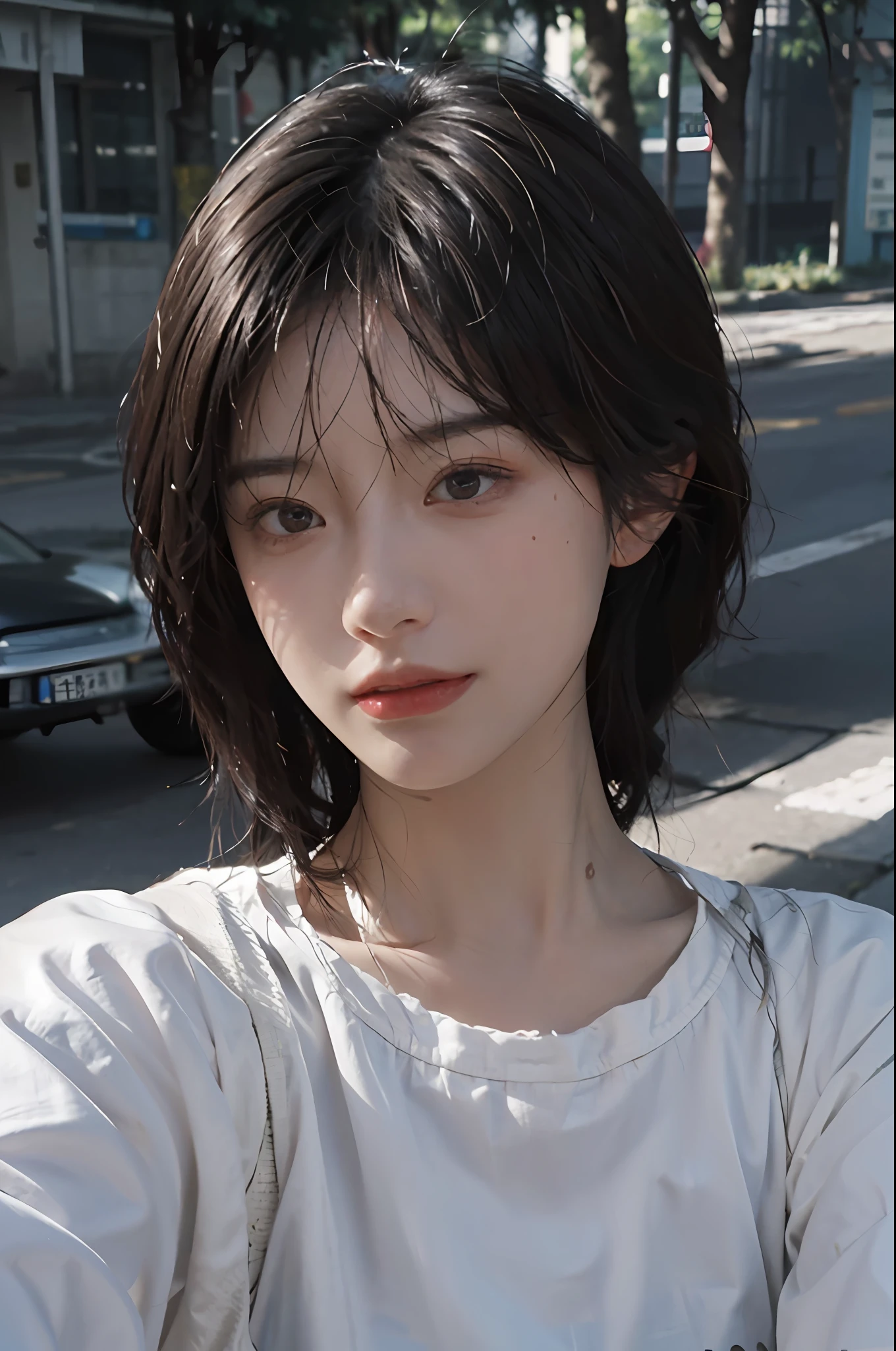 8K, Best Quality, Masterpiece, Ultra High Resolution, (Realism: 1.4), Original Photo, (Realistic Skin Texture: 1.3), (Film Grain: 1.3), (Selfie Angle), 1 Girl, Beautiful Eyes and Face Details, Masterpiece, Best Quality, Close-up, Upper Body, Looking at the Viewer