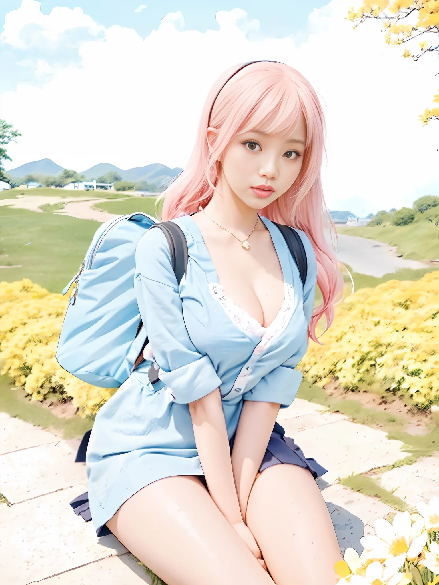 Tip: A very charming Nicki Minaj as a Japanese schoolgirl with a backpack and her cute puppy enjoying a lovely spring outing surrounded by beautiful yellow flowers and nature. The illustration is a high-definition illustration in 4k resolution, featuring highly detailed facial features and cartoon-style visuals, kawaii, cute, cleavage, large breasts, perfect composition