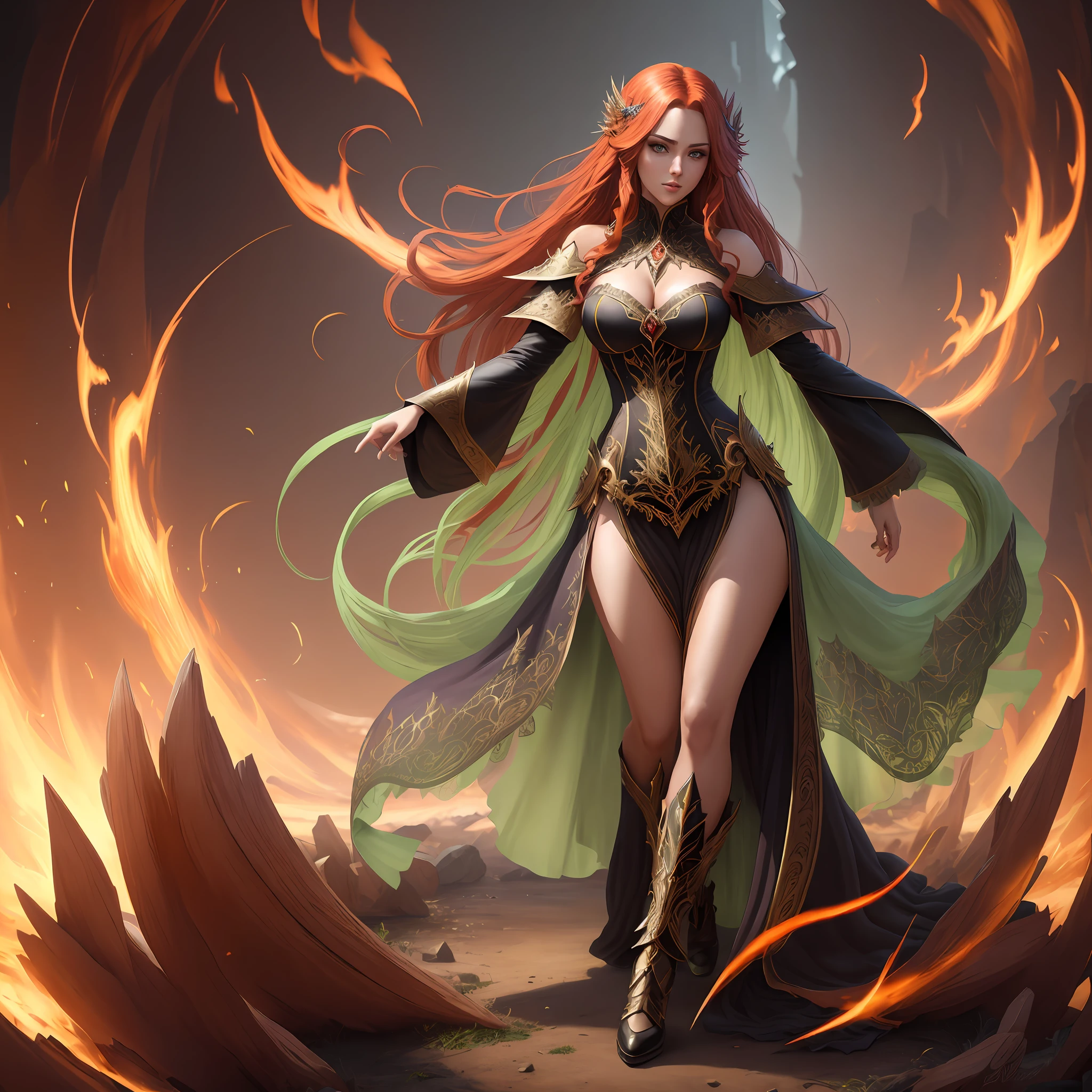 hyper detallied full body shot of all powerfull evil sorceress, detailed symmetric beautiful hazel green eyes, detailed gorgeous face,long volumetric fancy red hair, dynamic pose,perfect shading, with dramatic lighting.centered,fancy long intricate dress,seductive aura,beautiful curves,,beautiful thighs,small waist,gorgeous body,conjuring a portal,rendered in 8K resolution for high-quality detail, artstation, concept art, smooth, sharp focus, illustration,depht of field,highly detailed, soft natural volumetric cinematic perfect light, intricate artwork masterpiece,full body shot