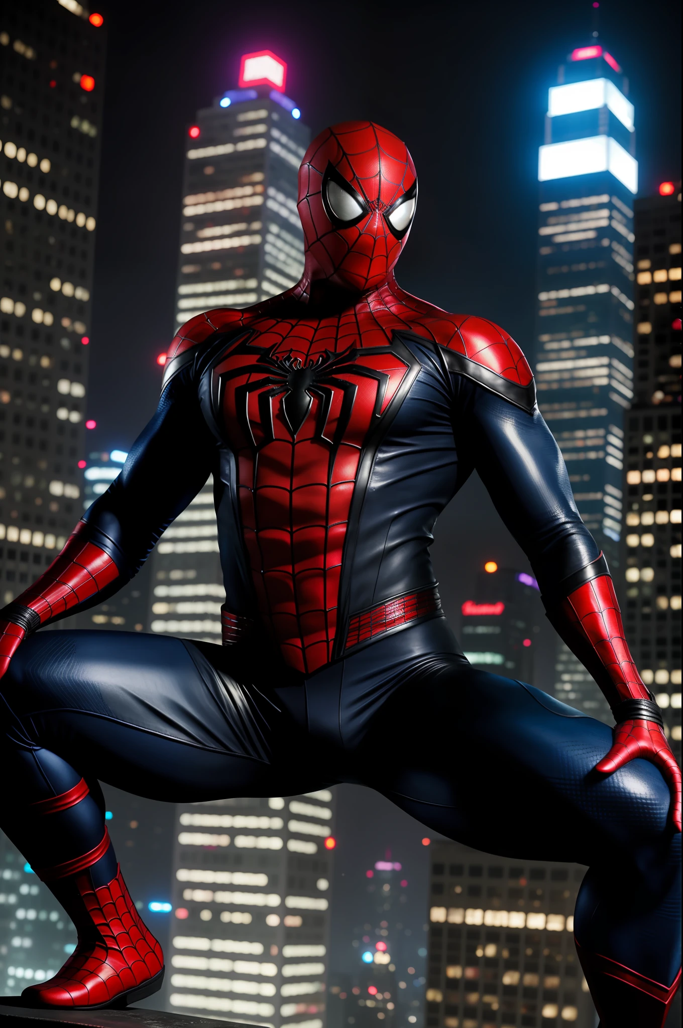 Realistic Spiderman Black, posing on top of skyscraper, full body, (old shabby:1.3) leather Spiderman suit, (muscular arms:1.2),fly, background of the cyberpunk city, snowfall, Fujifilm X-T4, 55 mm, cinematic lighting, ultra high detailed face and body, matte skin, pores, hyperdetailed, hyperrealistic)