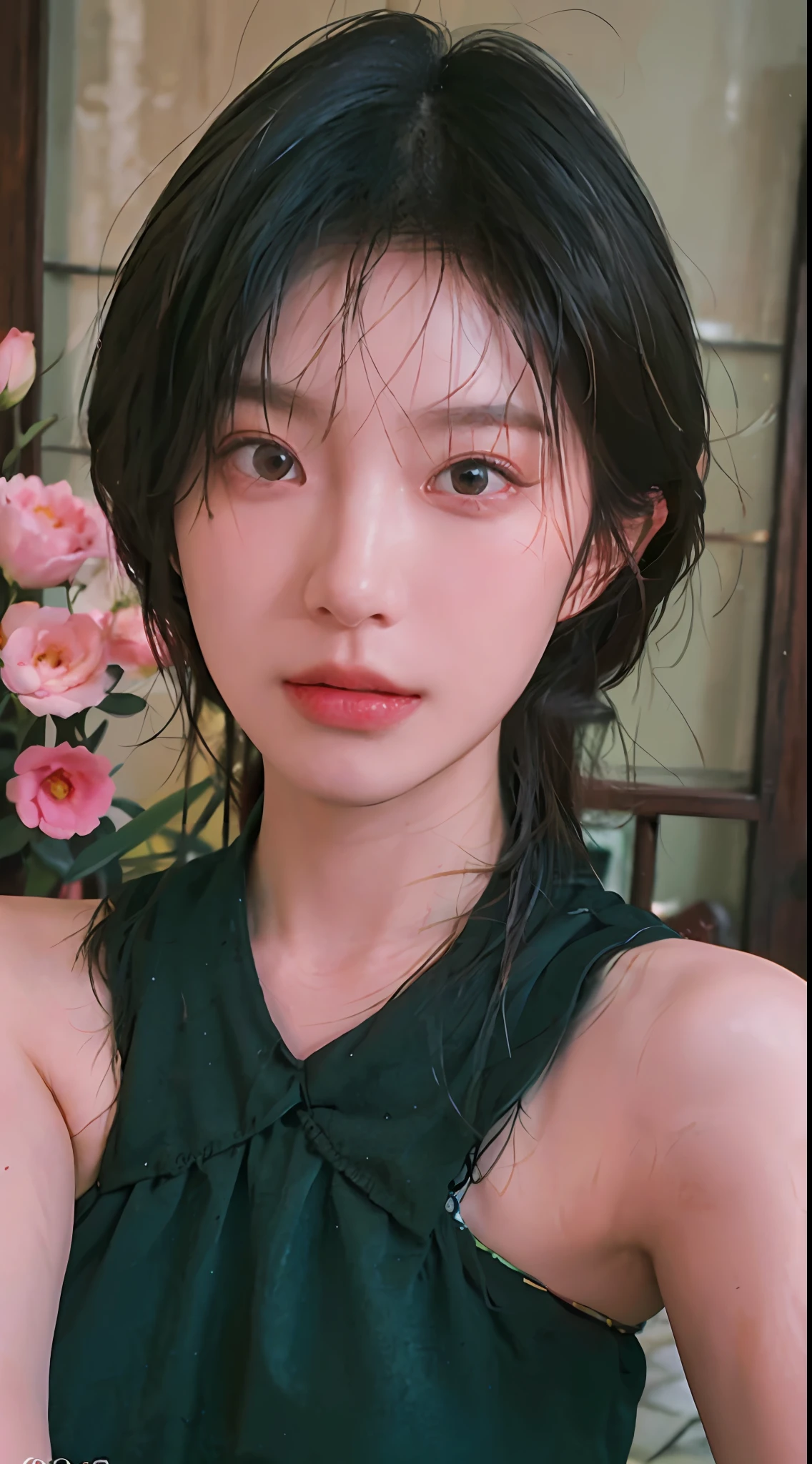 8K, Best Quality, Masterpiece, Ultra High Resolution, (Realism: 1.4), Original Photo, (True Skin Texture: 1.3), (Film Grain: 1.3), (Selfie Angle), 1 Girl, Beautiful Emerald Gemstone Eyes and Delicate Face Details, Pink Top, Masterpiece, Best Quality, Close-up, Upper Body, Looking at the Viewer