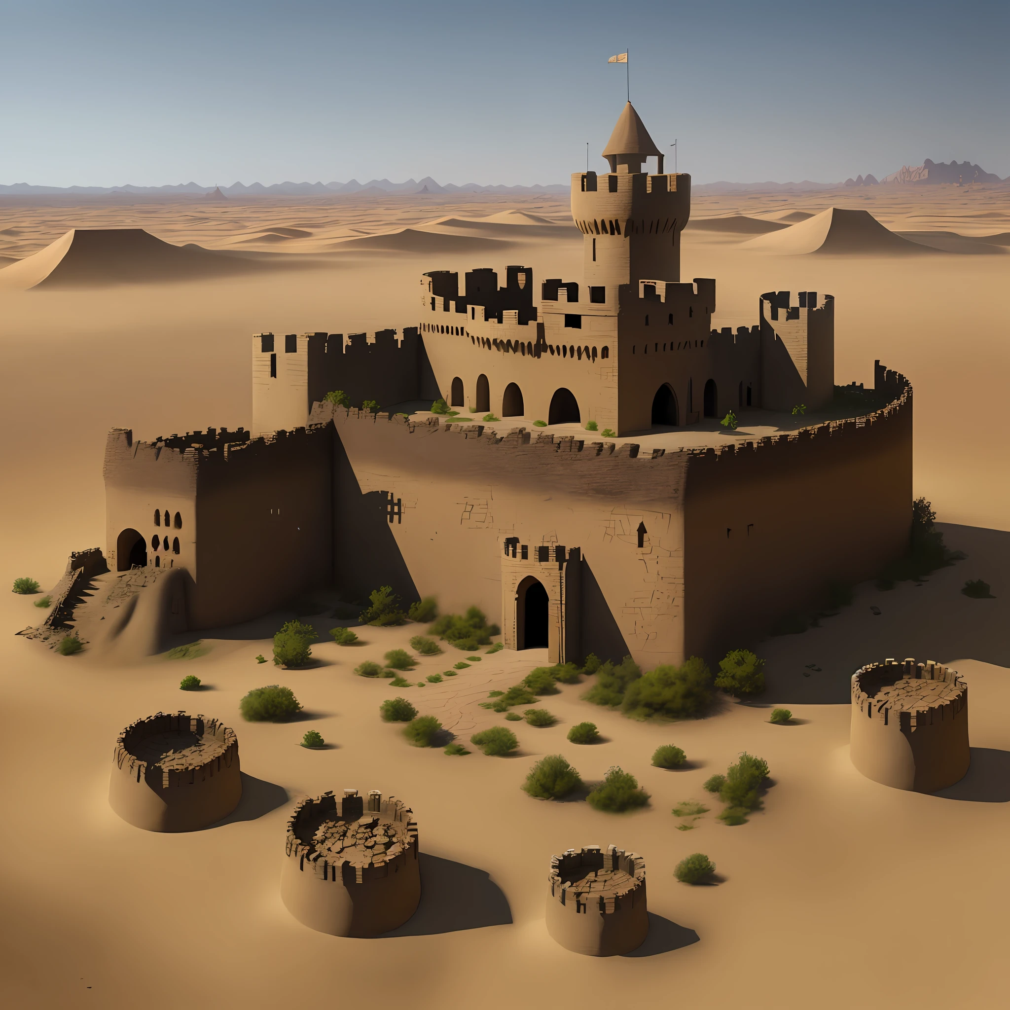 Goblin fortress, military camp, wooden castle, ruins, desert, desert dust, sandstorm, dark, dnd