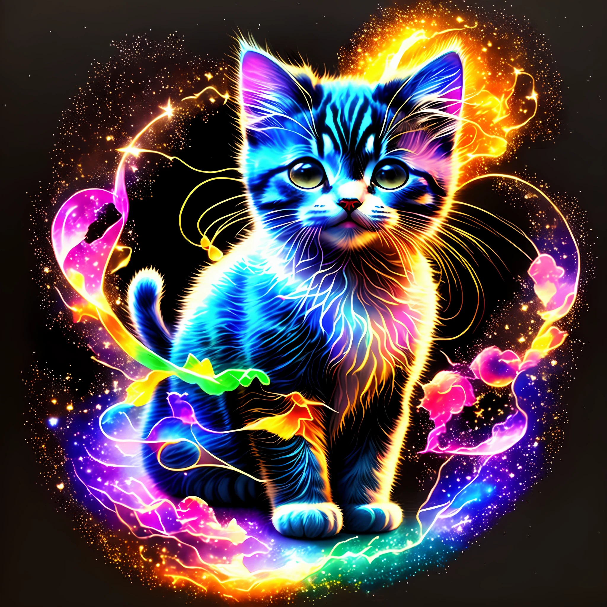 a painting of a kitten, innocent, colored on a black background,, breathtaking rendering, within a radiant connection, inspired by Kinuko Y. Craft,, magical elements, kitten icon, wow, is beautiful, casting a multi colorful spell, bright flash, flash