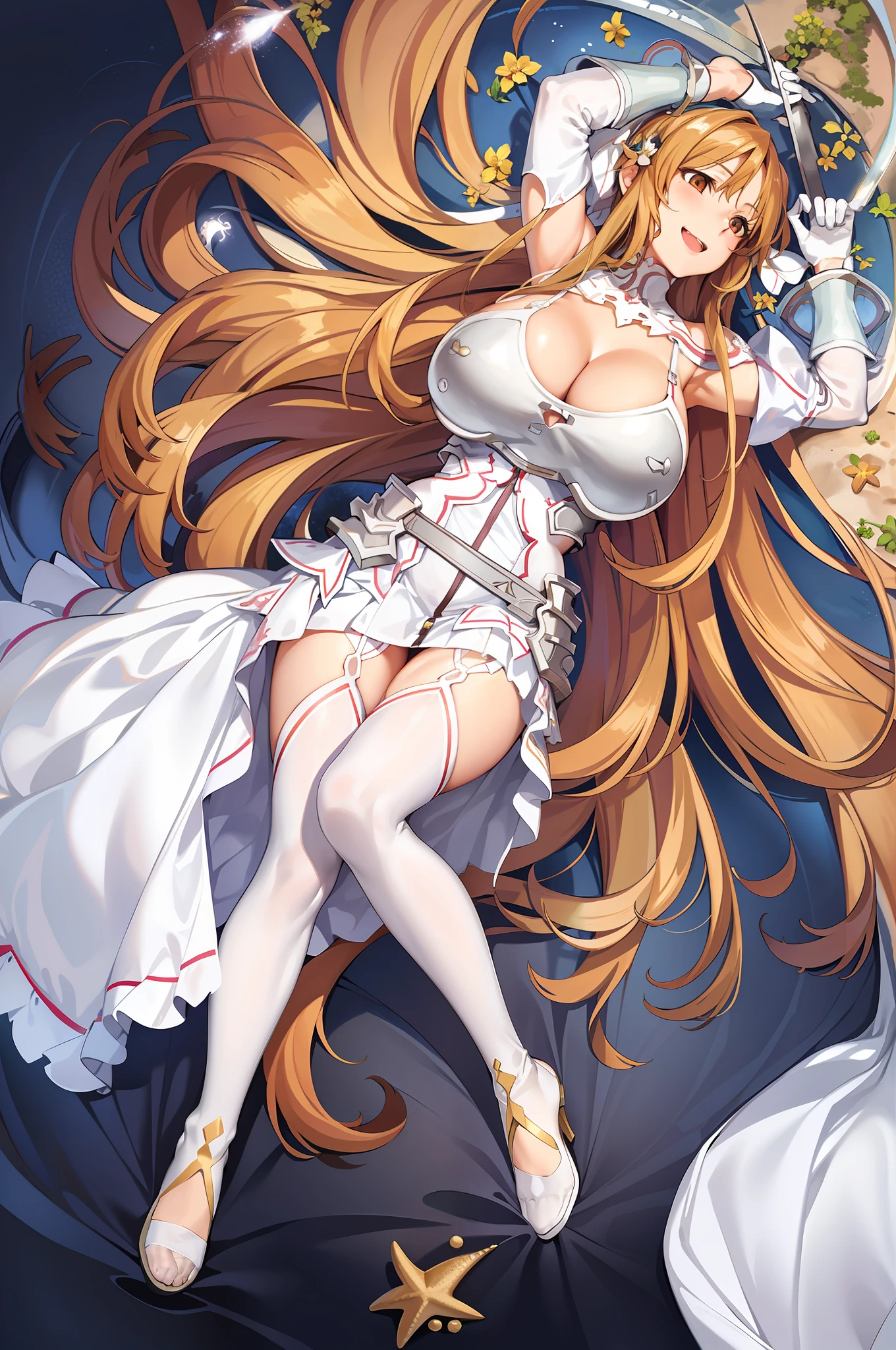 stacia, asuna, asuna_\(sao\), 1girl, fantasy, highres,  looking_away, looking_to_the_side,  original, realistic,   scenery,  close_up, upper_body, (draw sword), smiling, solo, (potruding nipple:1.2), long hair, (huge breasts:1.3), looking at viewer, smile, open mouth, bangs ,detailed eyes, beautiful background, (summer, beach), hands on the chest, orange hair, thighhighs, gloves, dress, (cleavage:1.4), bare shoulders, brown eyes, very long hair, standing, (full body:1.5), white gloves,  white dress, armor, white thighhighs, garter straps, fantasy, white armor,  abec, nsfw