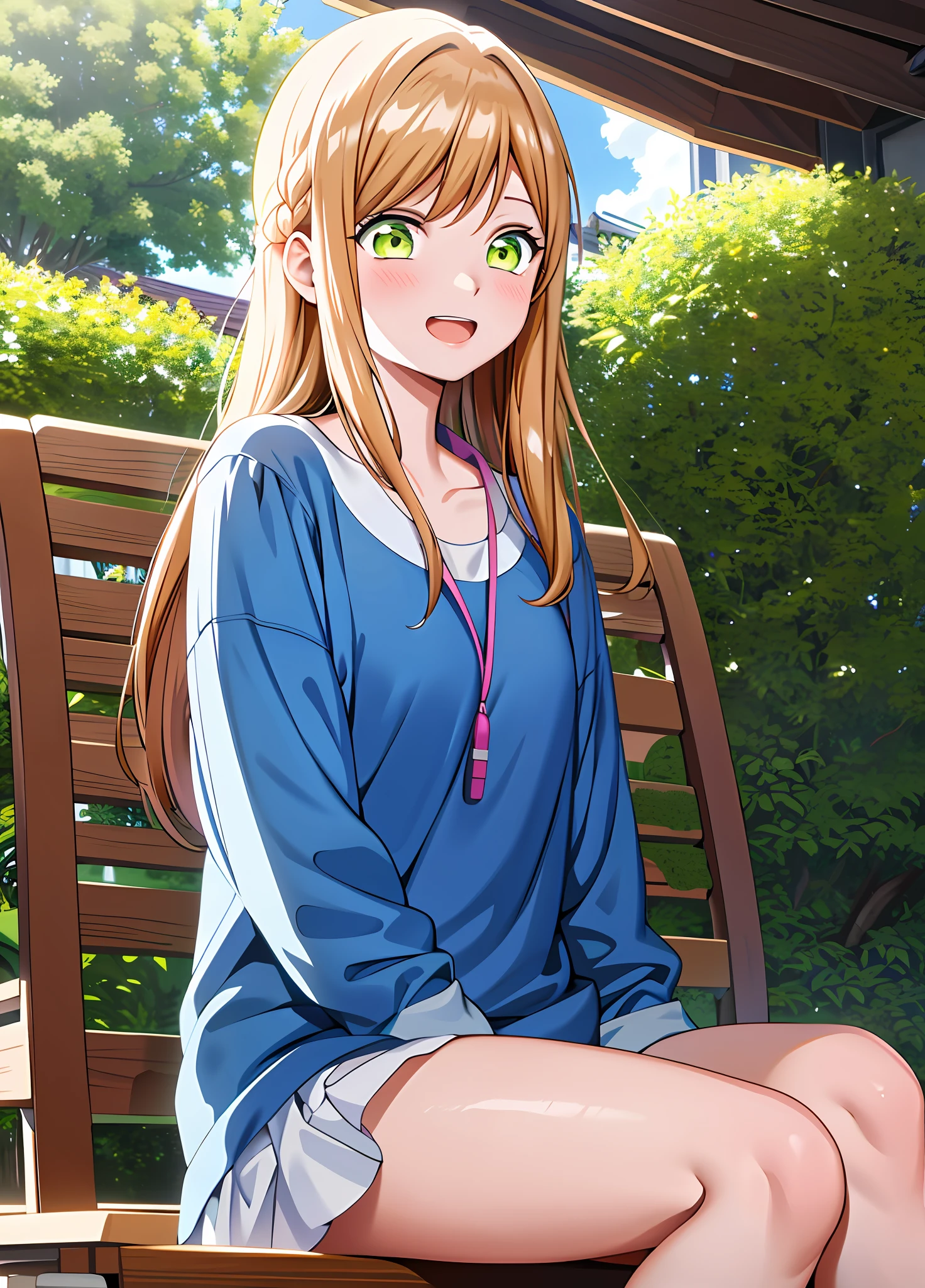 masterpiece, best quality, kinoshitaakane, 1girl, blue shirt, pink dress, female college student, happy, open mouth, upper teeth, bare legs, sitting on bench, from side,