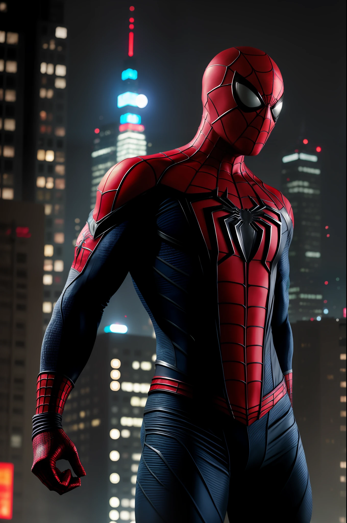 Realistic Spiderman Black Mafia, full body, (old shabby:1.3) Cyberpunk Spiderman Black suit, (muscular arms:1.2),fly, background of the cyberpunk city, snowfall, Fujifilm X-T4, 55 mm, cinematic lighting, ultra high detailed face and body, matte skin, pores, hyperdetailed, hyperrealistic)