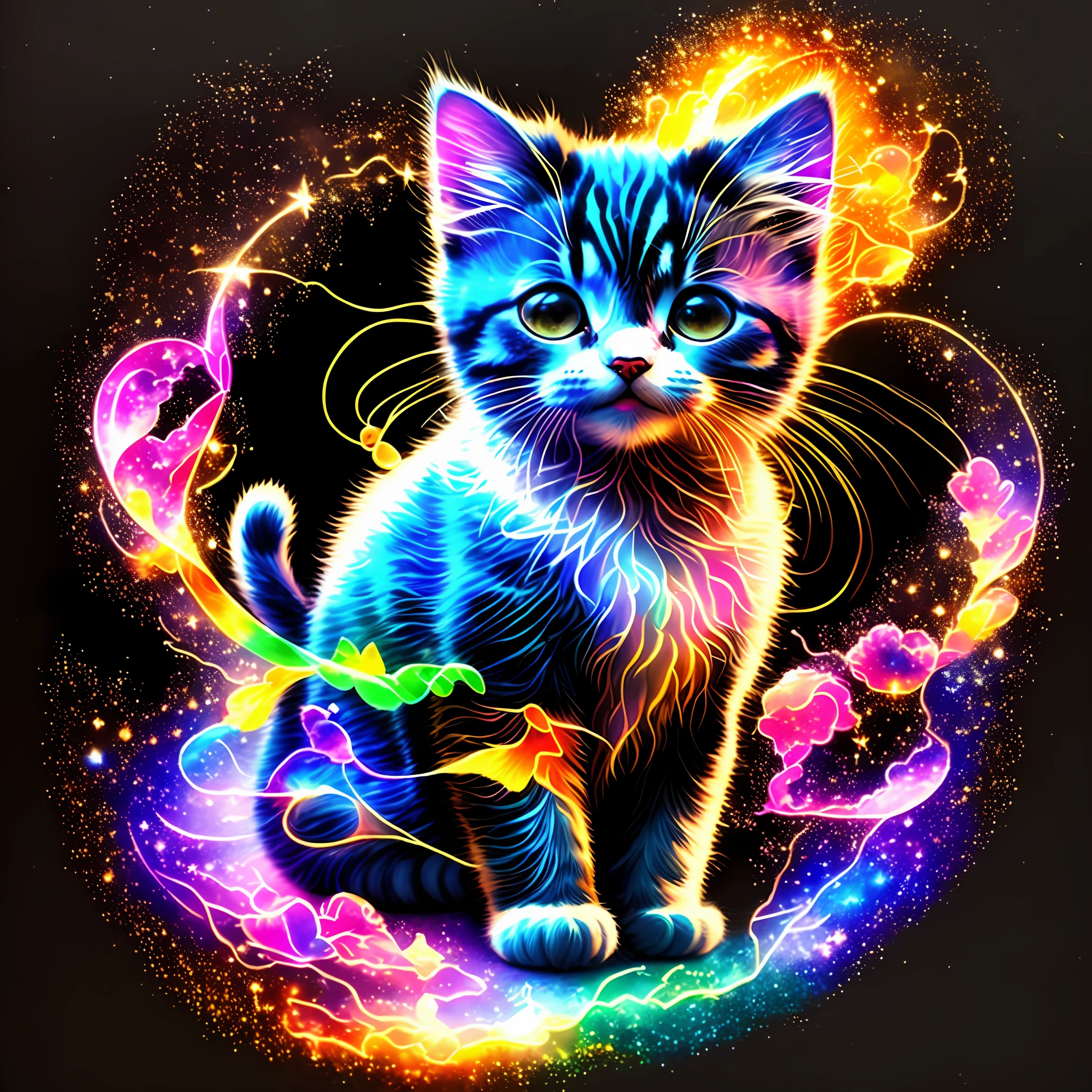 a painting of a kitten, innocent,smile, adorable, colorful on a black background,, breathtaking rendering, within a radiant connection, inspired by Kinuko Y. Craft,, magical elements, kitten icon, wow, is beautiful, casting a multi colorful spell, bright flash, flash