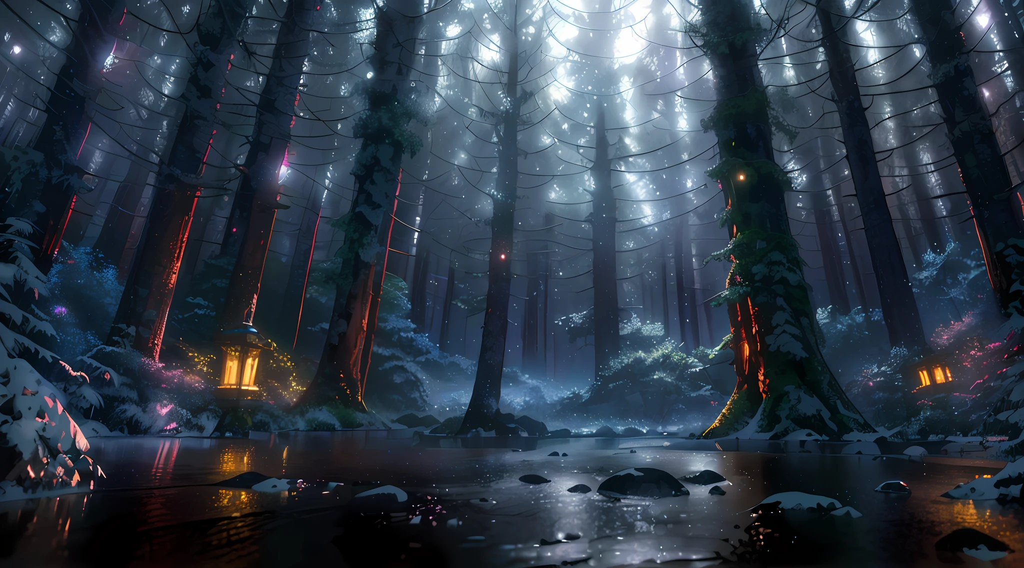 Wallpaper, Forest, Magical, Fantasy, Rainy, Nighttime, Beautiful Sky, Ultra Detail, Cinematic, Hyper Realism, Soft Light, Deep Field Focus Bokeh, Ray Tracing, Diffuse (extra fine glass reflections) and Hyper Realism
