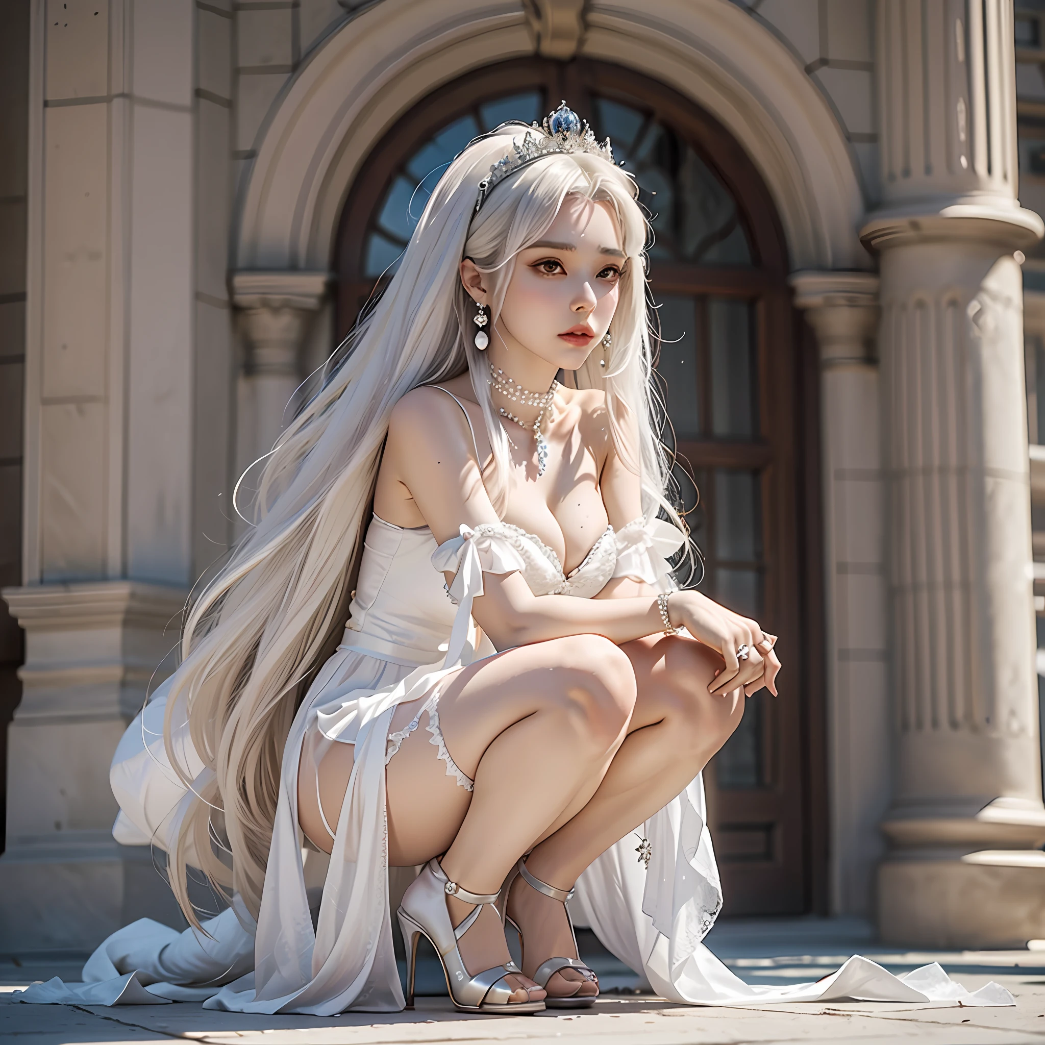 Exiled princess, humiliation, nose ring, half squat, begging, pitiful, hanging neck, royal pearl jewelry, princess crown, light white evening dress, pearl high heels, long white stockings, stiletto heels, big breasts, white skin, 8k,