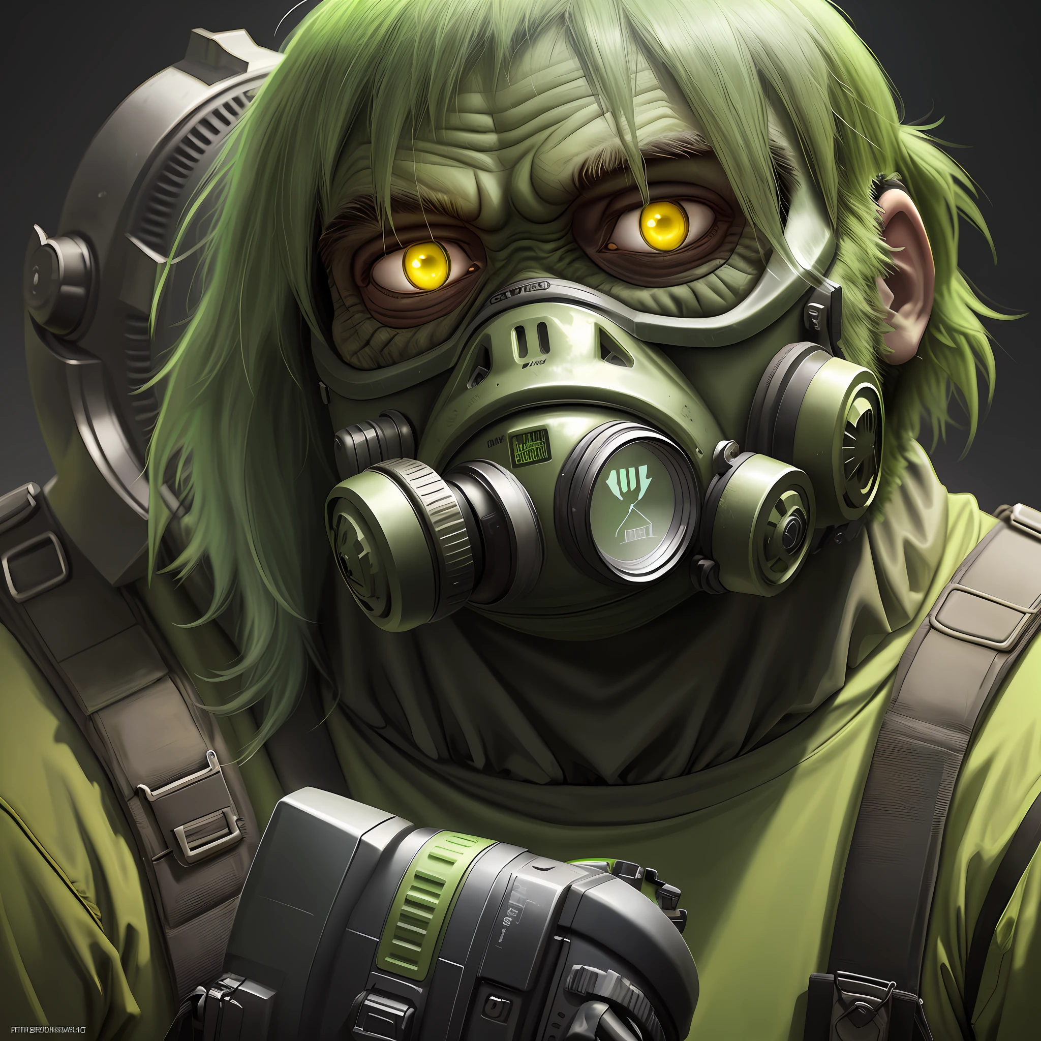 a logo of a post-apocalyptic green gorilla with a glowing gas mask on its face, portrait photo, futuristic outfits
