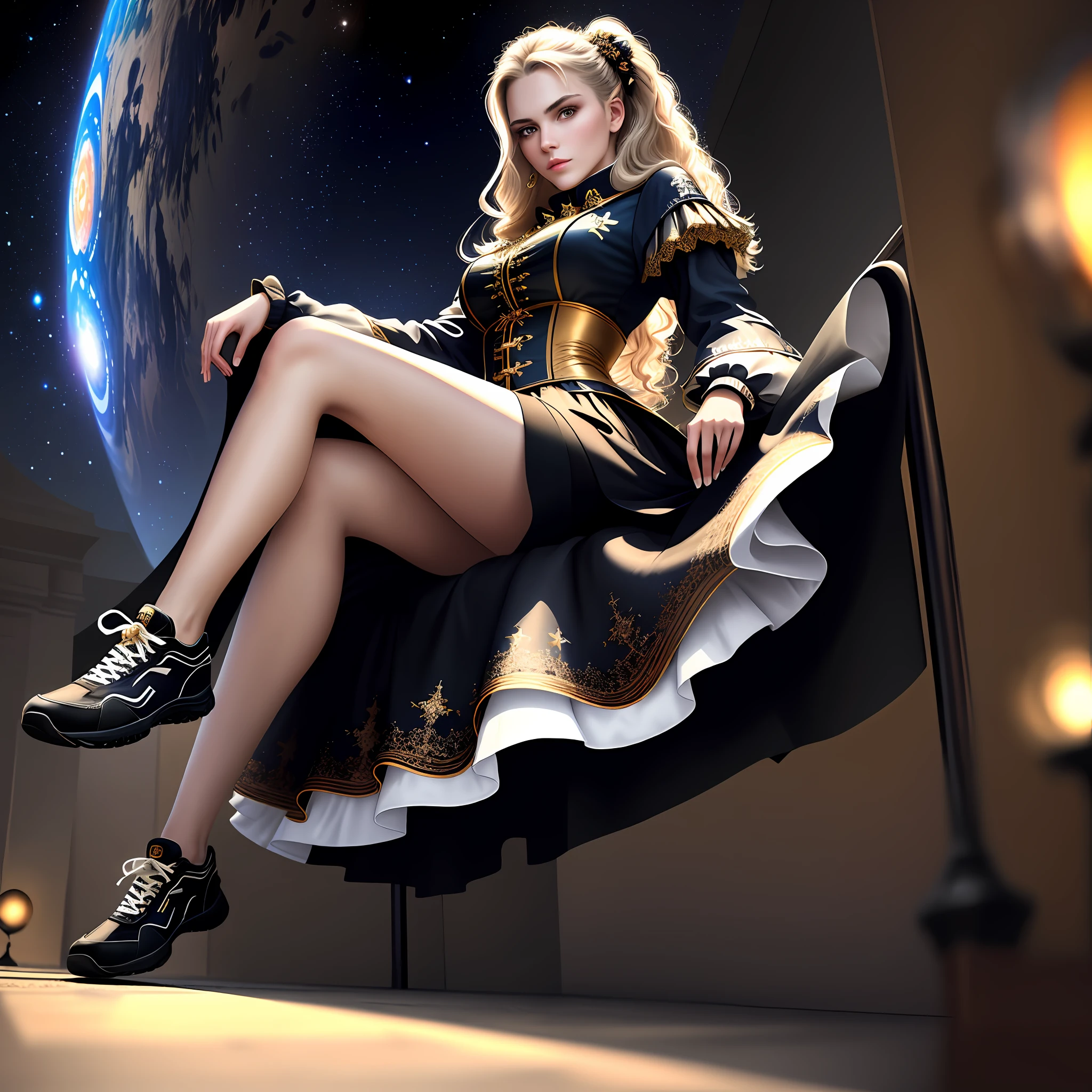 Masterpiece, Best quality, beautiful 1 girl model with brutal appearance, haughty look, solo, European appearance, European face and eyes, advertises beautiful shoes on the feet unusual sneakers, dressed in fashionable clothes, goes forward, unusual viewing angle, camera view from bottom to top, focus on shoes, background starry space and planets