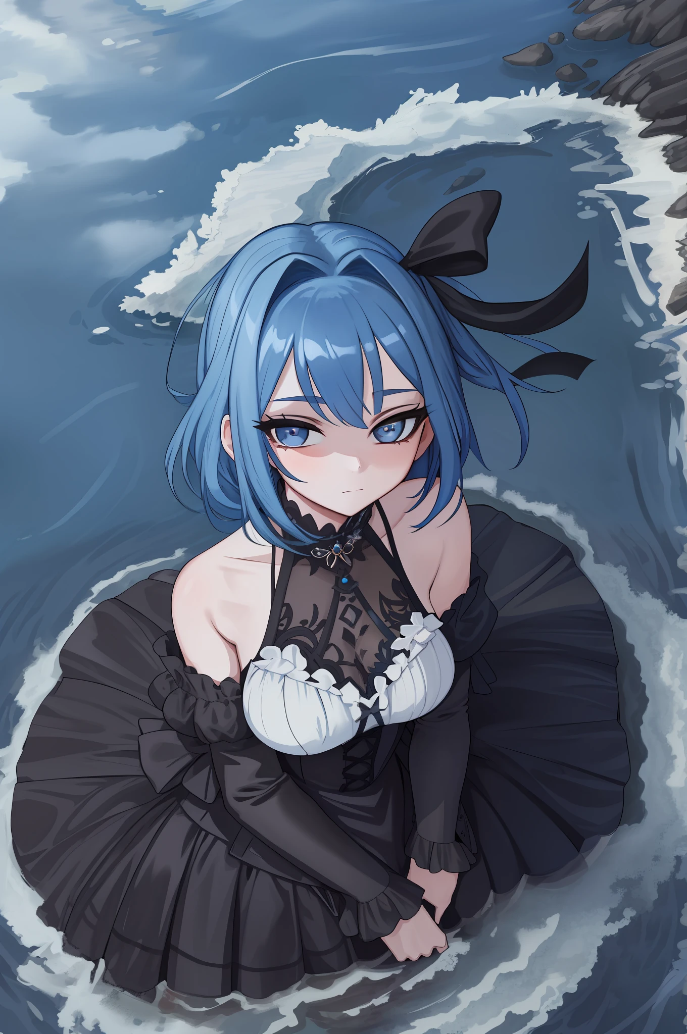 A stunning masterpiece of a high-res portrait of a beautifully detailed girl with short, shiny blue hair and mesmerizing black eyes, wearing a dress and shy expression, river landscape