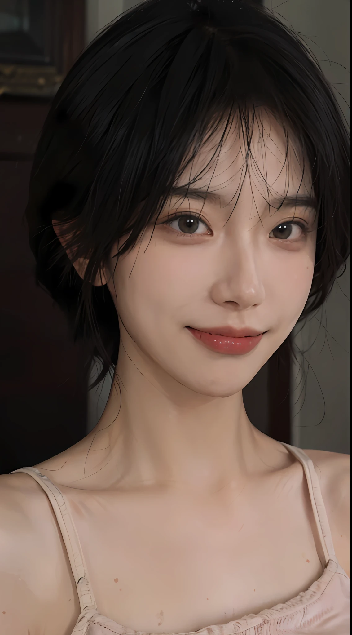 8K, Best Quality, Masterpiece, Ultra High Resolution, (Realism: 1.4), Original Photo, (Real Skin Texture: 1.3), (Short Hair Level) (Film Grain: 1.3), (Selfie Angle), 1 Girl, Beautiful Emerald Gemstone Eyes and Exquisite Face Details, Pink Top, Masterpiece, Best Quality, Close-up, Upper Body, Looking at the Viewer, (Smiling Naturally: 1.2)