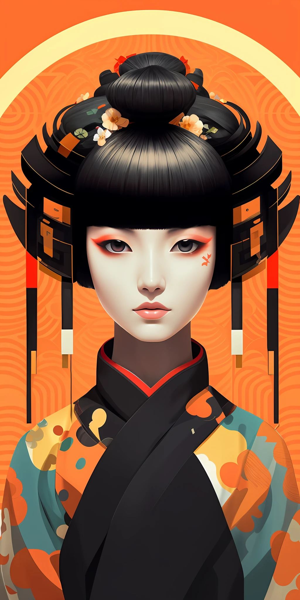 Illustration of a woman with geisha hairstyle and flowers on her hair, stunning digital illustration, japanese art, japanese art style, beautiful digital illustration, cyberpunk geisha, guvez style artwork, beautiful digital illustration, beautiful digital artwork, pop japanese 3 d super detailed,:: rossdraws, beautiful artwork illustration, Johanna, zhang jingna, in the style of japanese minimalist futurism-inspired, neo pop art iconography, guillaume seignac, conceptual pieces, caninecore, dau al set, catcore