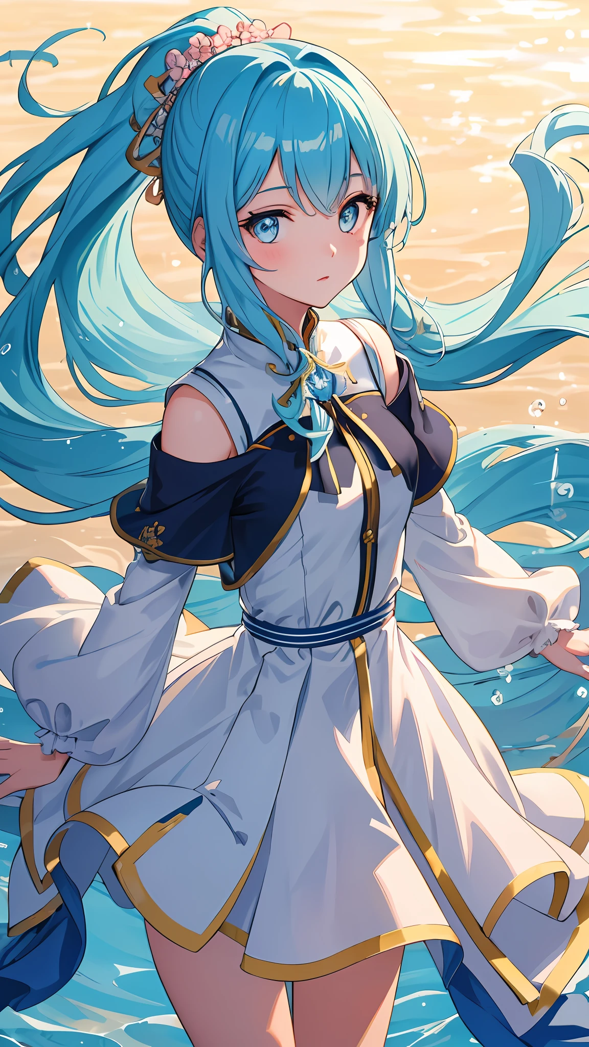 (masterpiece), (best quality), (ultra detailed),(disheed hair),(illustration), (1girl), (Fashionable clothing), standing, Fashion model, looking at viewer, (interview), (simple background), beautiful and delicate eyes, delicate beauty, floating, (high saturation), (colorful splash), colorful bubbles, (shine), focus on face, ponytail, Ayaka Kamisato, light blue hair, bangs, hair circles, floating flowers, flowing hair, (shiny), best lighting, best shadow, blush