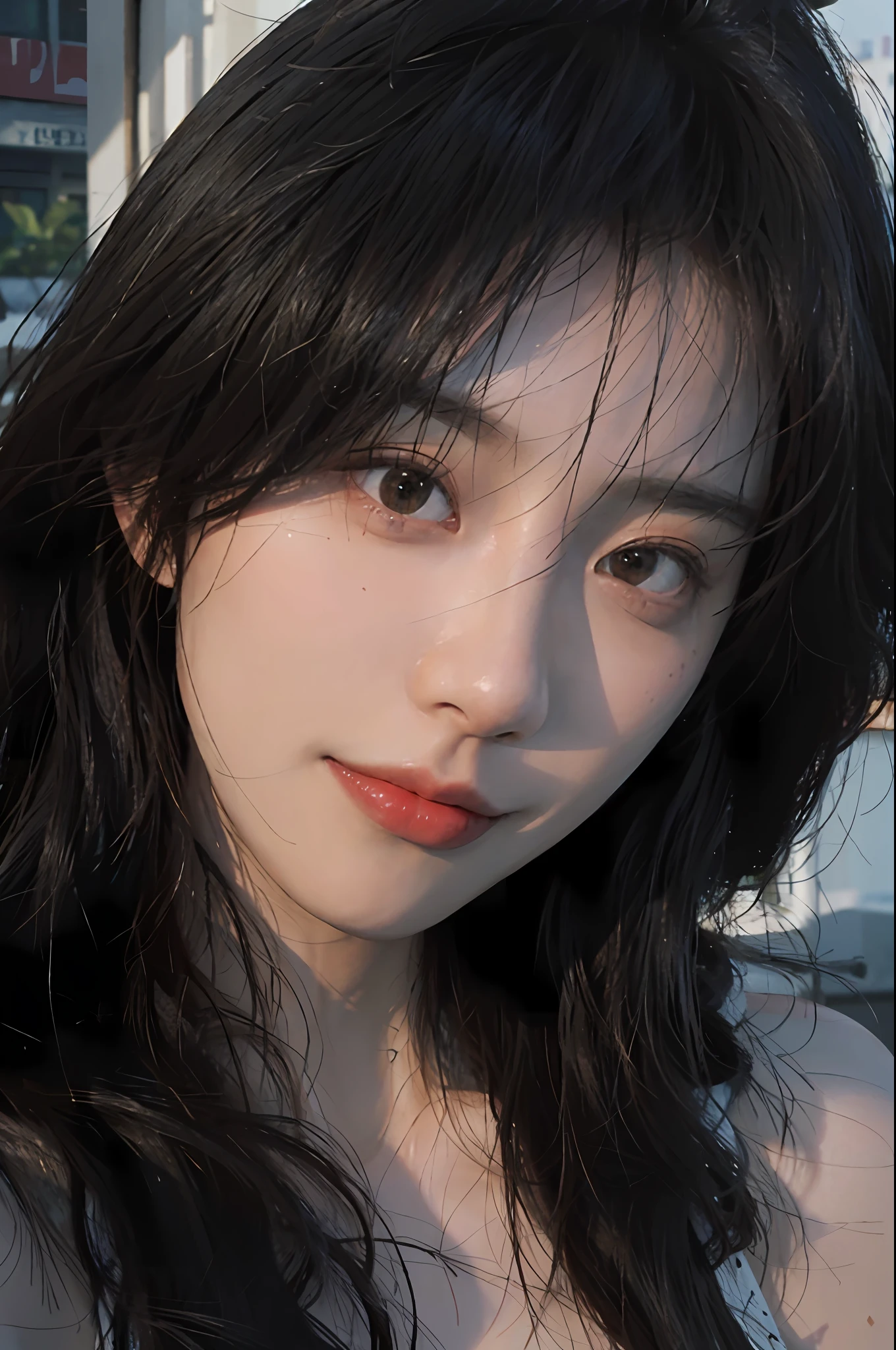 8K, Best Quality, Masterpiece, Ultra High Resolution, (Realism: 1.4), Original Photo, (Realistic Skin Texture: 1.3), (Film Grain: 1.3), (Selfie Angle), 1 Girl, Beautiful Eyes and Face Details, Masterpiece, Best Quality, Close-up, Upper Body, Looking at the Viewer