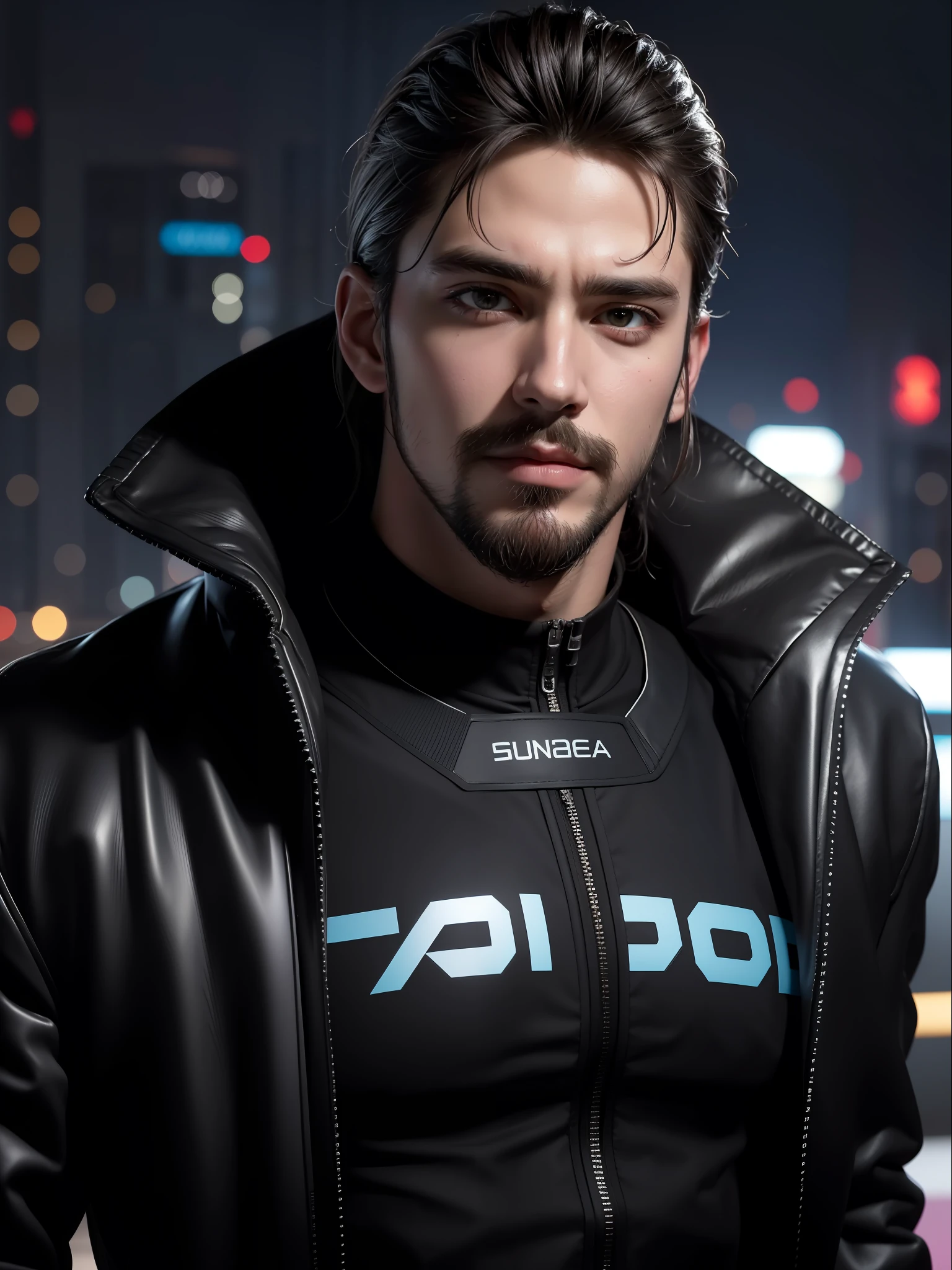 Best quality, masterpiece, ultra high res, (photorealistic:1.4), raw photo, handsome male, facial hair, cyberpunk night backdrop
