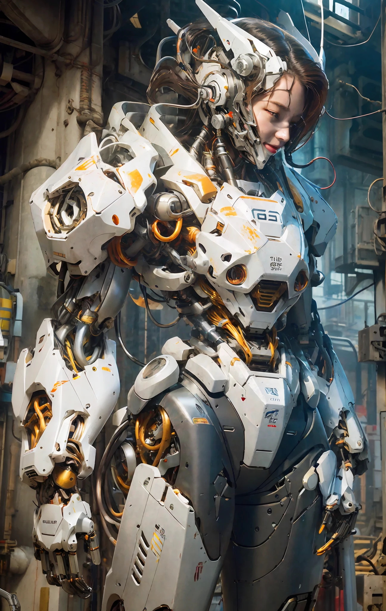 1 woman inside a huge bulky exoskeleton  robot  , ((bulky)) armor,  mecha, 
ink, clean lines,  negative space, high contrast, gradient color,(((masterpiece))), ((best quality)), (ultra-detailed), (CG illustration), (an extremely devious and beautiful)), cinematic light, ((mechanical girl)), single, (machine-made joints: 1.4), ((mechanical limbs)), ( blood vessels attached to the tube), ((mechanical cervical vertebrae attached to the neck), (wires and cables attached to the head and body: 1.5), city ruin scenery