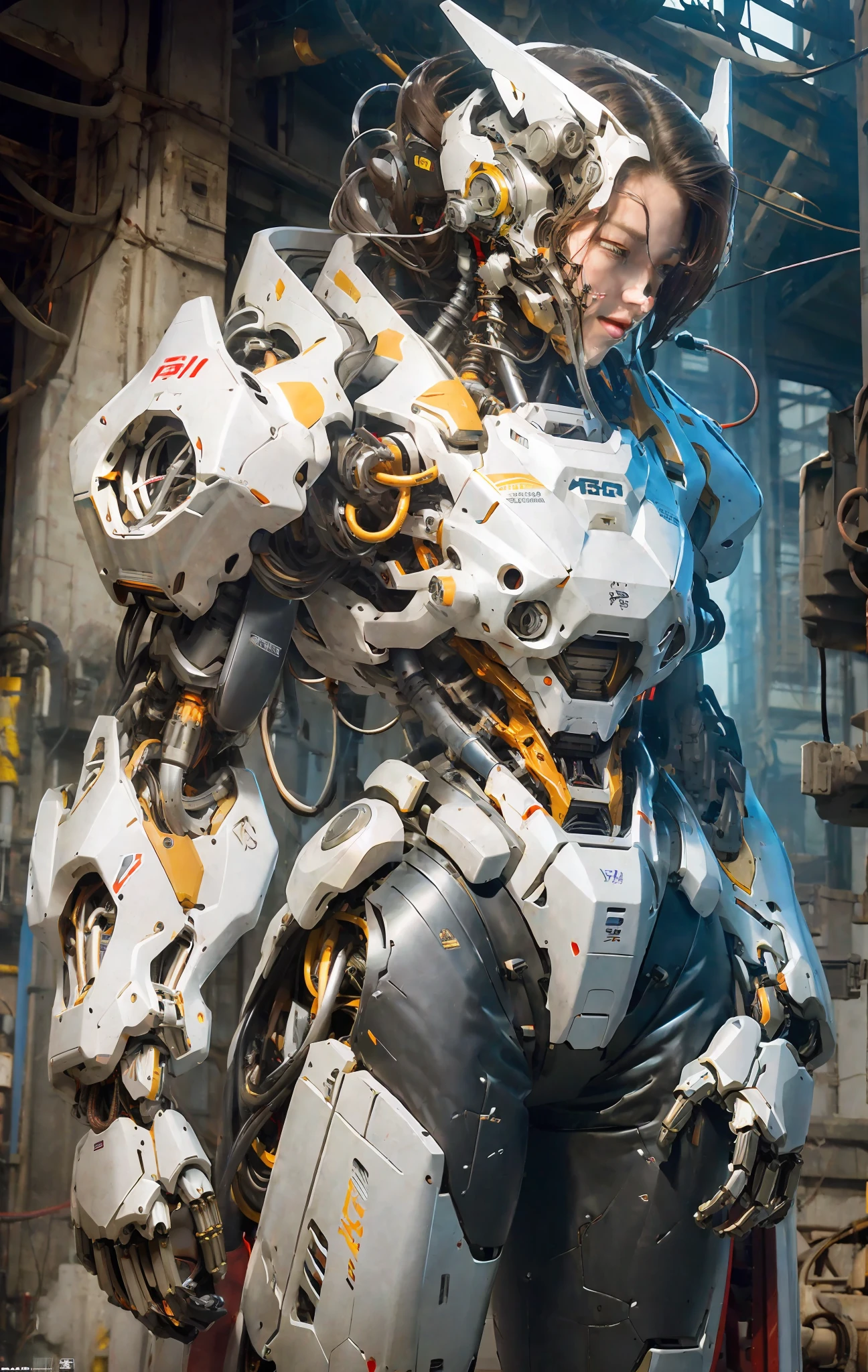 1 woman inside a huge bulky exoskeleton  robot  , ((bulky)) armor,  mecha, 
ink, clean lines,  negative space, high contrast, gradient color,(((masterpiece))), ((best quality)), (ultra-detailed), (CG illustration), (an extremely devious and beautiful)), cinematic light, ((mechanical girl)), single, (machine-made joints: 1.4), ((mechanical limbs)), ( blood vessels attached to the tube), ((mechanical cervical vertebrae attached to the neck), (wires and cables attached to the head and body: 1.5), city ruin scenery