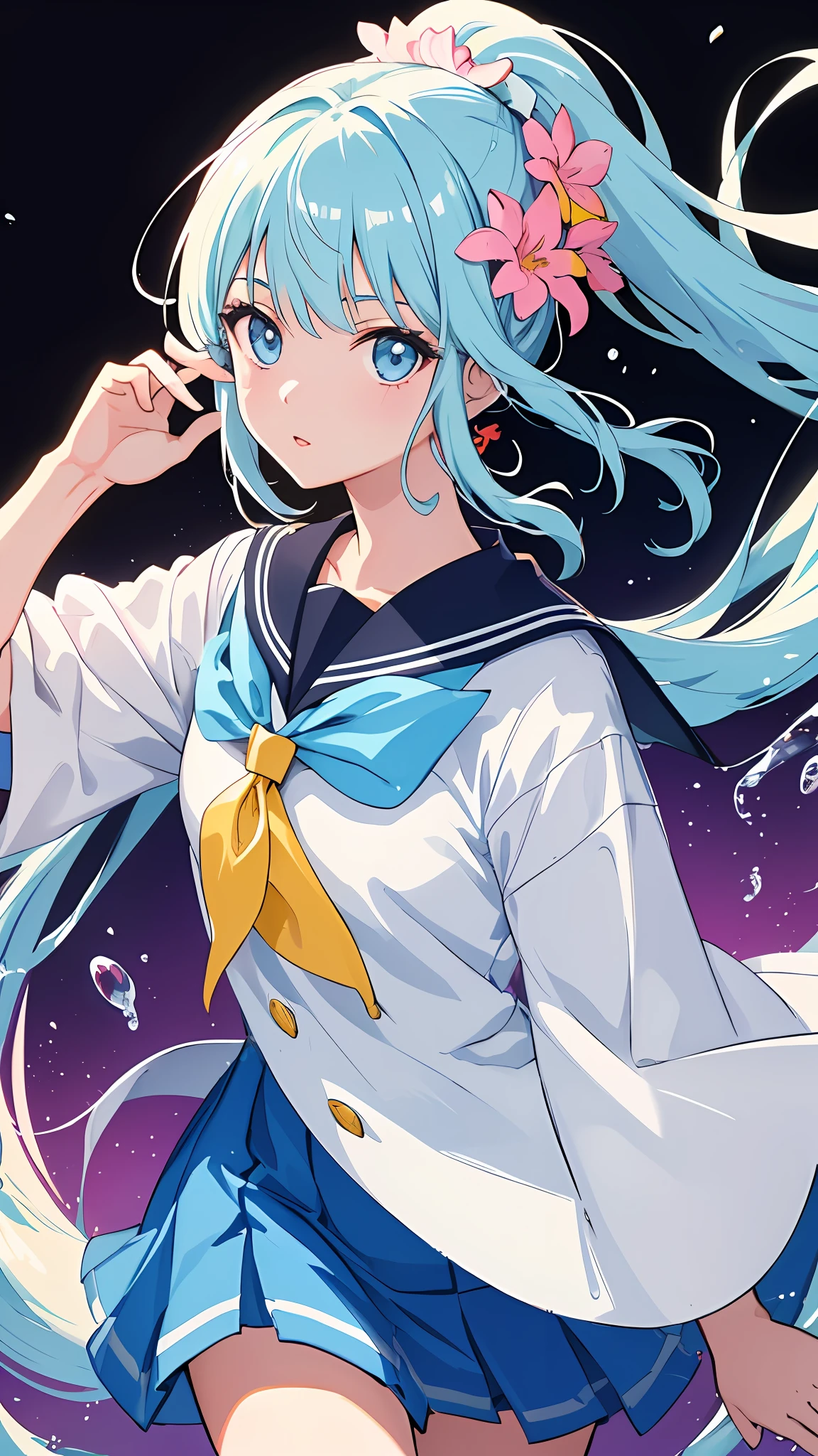 (masterpiece), (best quality), (ultra detailed),(disheed hair),(illustration), (1girl), (Fashionable clothing), standing, Fashion model, looking at viewer, (interview), (simple background), beautiful and delicate eyes, delicate beauty, floating, (high saturation), (colorful splash), colorful bubbles, (shine), focus on face, ponytail, Ayaka Kamisato, light blue hair, bangs, hair ring, floating flowers, flowing hair, (shiny), best lighting, best shadow, sailor suit