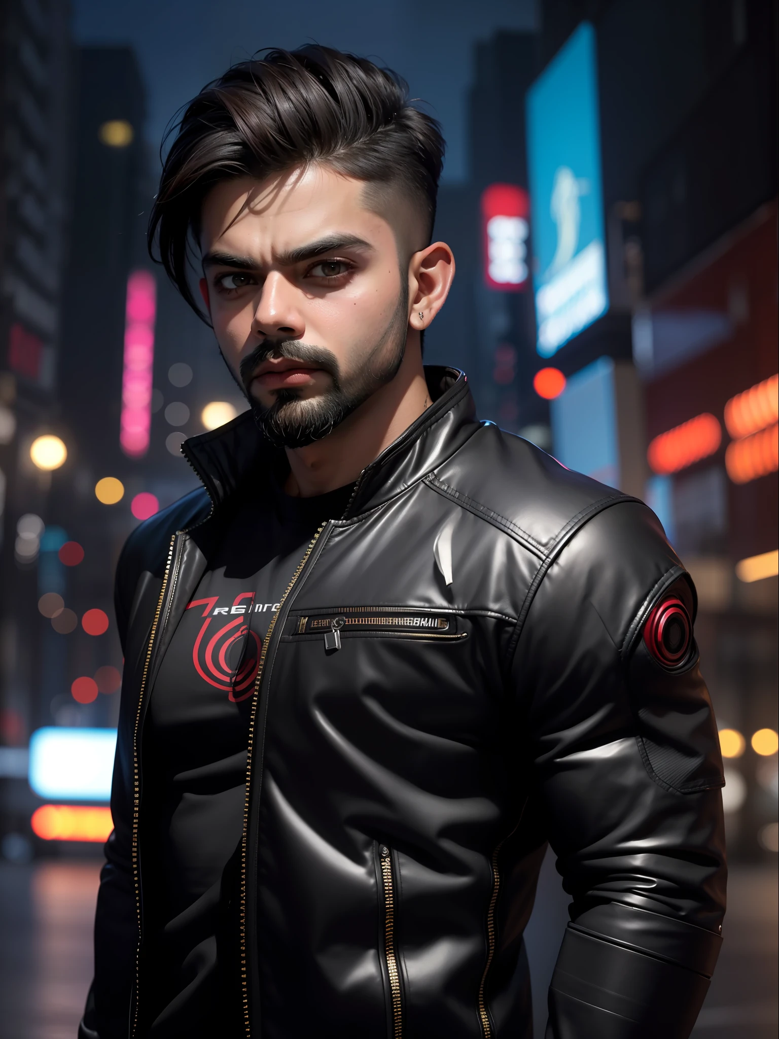 Best quality, masterpiece, ultra high res, (photorealistic:1.4), raw photo, handsome Virat Kohli, facial hair, cyberpunk night backdrop