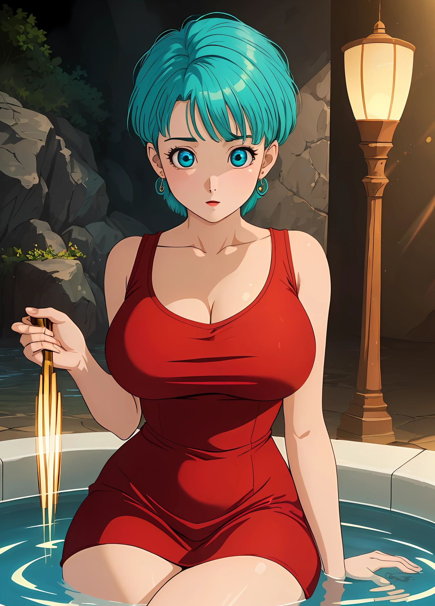 masterpiece, best quality, highest quality, (perfect illumination:1.4), (photorealistic), perfect anatomy, perfect face, perfect eyes,
bulmadbzreddress, aqua hair, Bulma bathing , erotic , seductive , large breast , sexy thighs