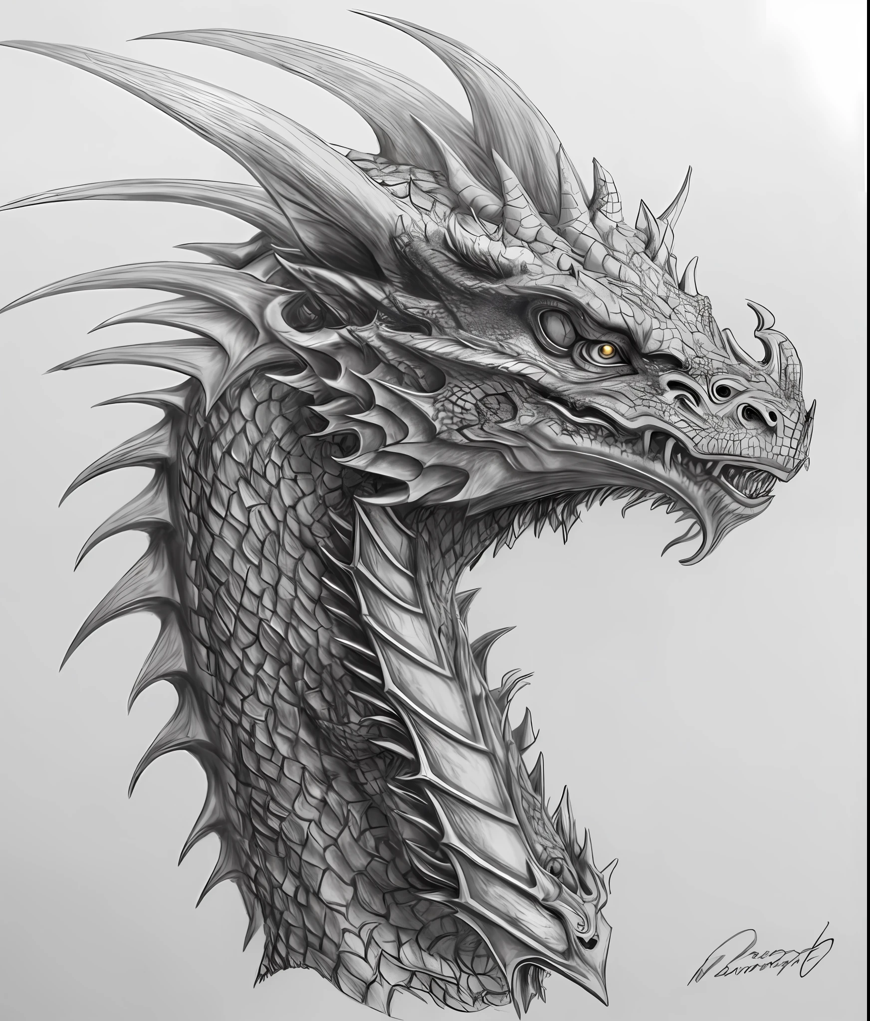 a drawing of a dragon head with spikes on it's head, dragon portrait, portrait of a dragon, detailed dragon, dragon with scars, dragon scales across hairline, detailed 4 k drawing, dragon art, well designed female dragon head, sleek dragon head, dragon head, high detailed drawing, cyborg dragon portrait, 4k. detailed drawing, a dragon