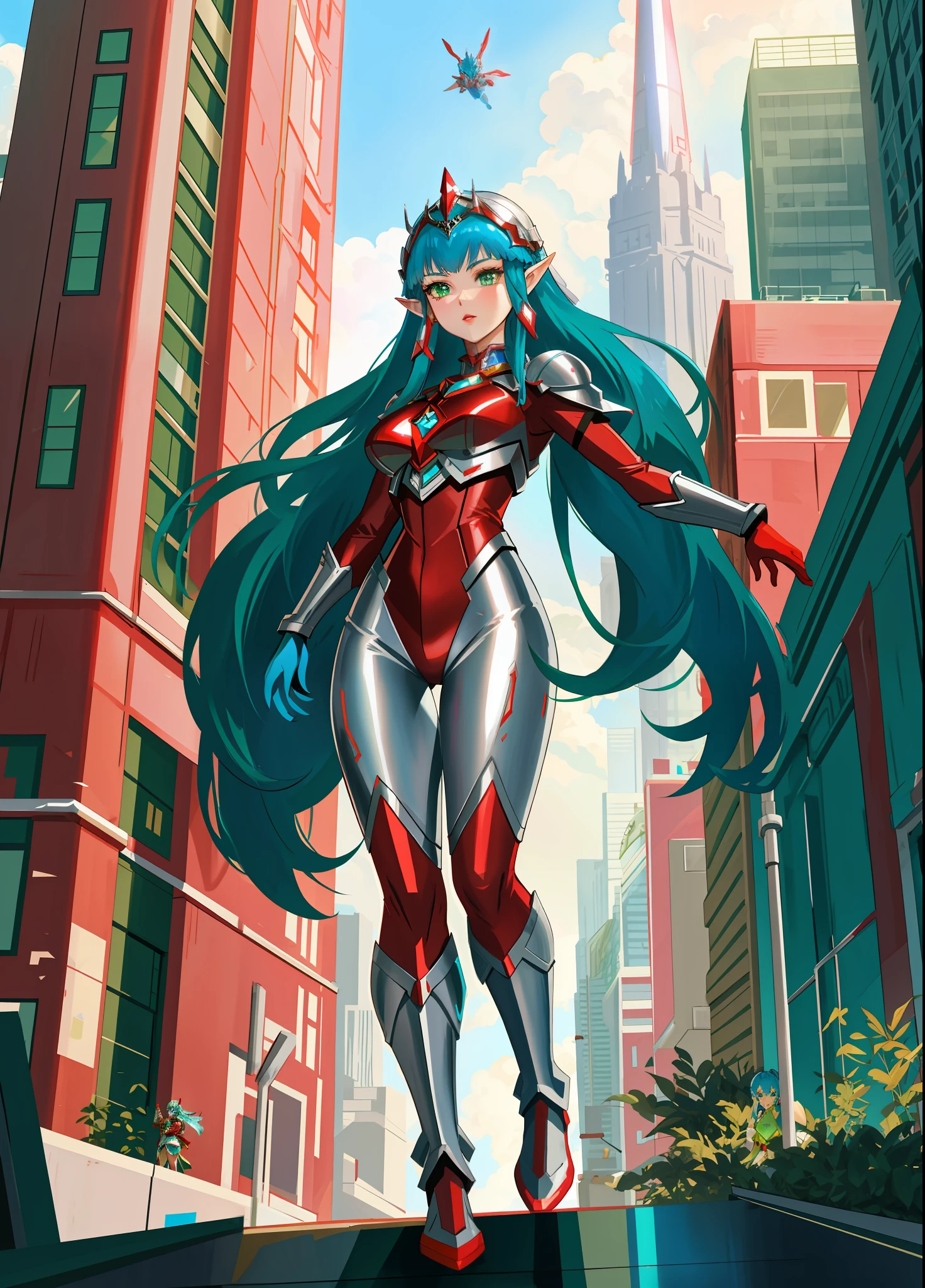 Full body image, standing, Princess Zelda giant, (red with silver costume:1.5), as Ultraman, immensely large breasts1, very tight body suit, heavy makeup on her face, light blue jewel on the breastplate, helmet on head, red lipstick on her mouth, (she green eyes:1.5, blue hair:1.5), Looking at the viewer from the front, she is in a futuristic city with several monsters attacking the buildings, Tokusatsu, Ultraman, anime style, cinematic lighting, 16k, UHD, masterpiece, best quality, high details