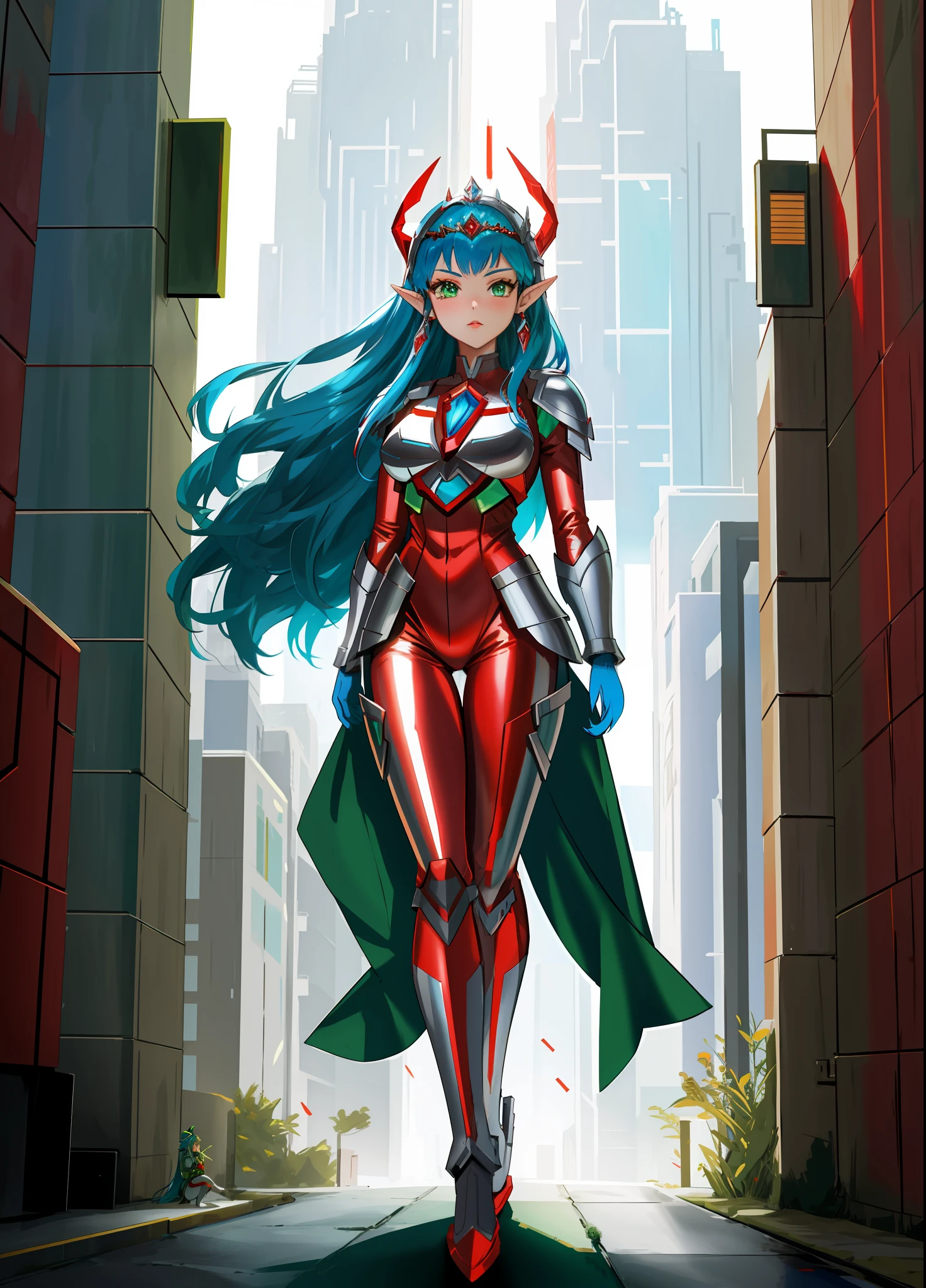Full body image, standing, Princess Zelda giant, (red with silver costume:1.5), as Ultraman, immensely large breasts1, very tight body suit, heavy makeup on her face, light blue jewel on the breastplate, helmet on head, red lipstick on her mouth, (she green eyes:1.5, blue hair:1.5), Looking at the viewer from the front, she is in a futuristic city with several monsters attacking the buildings, Tokusatsu, Ultraman, anime style, cinematic lighting, 16k, UHD, masterpiece, best quality, high details