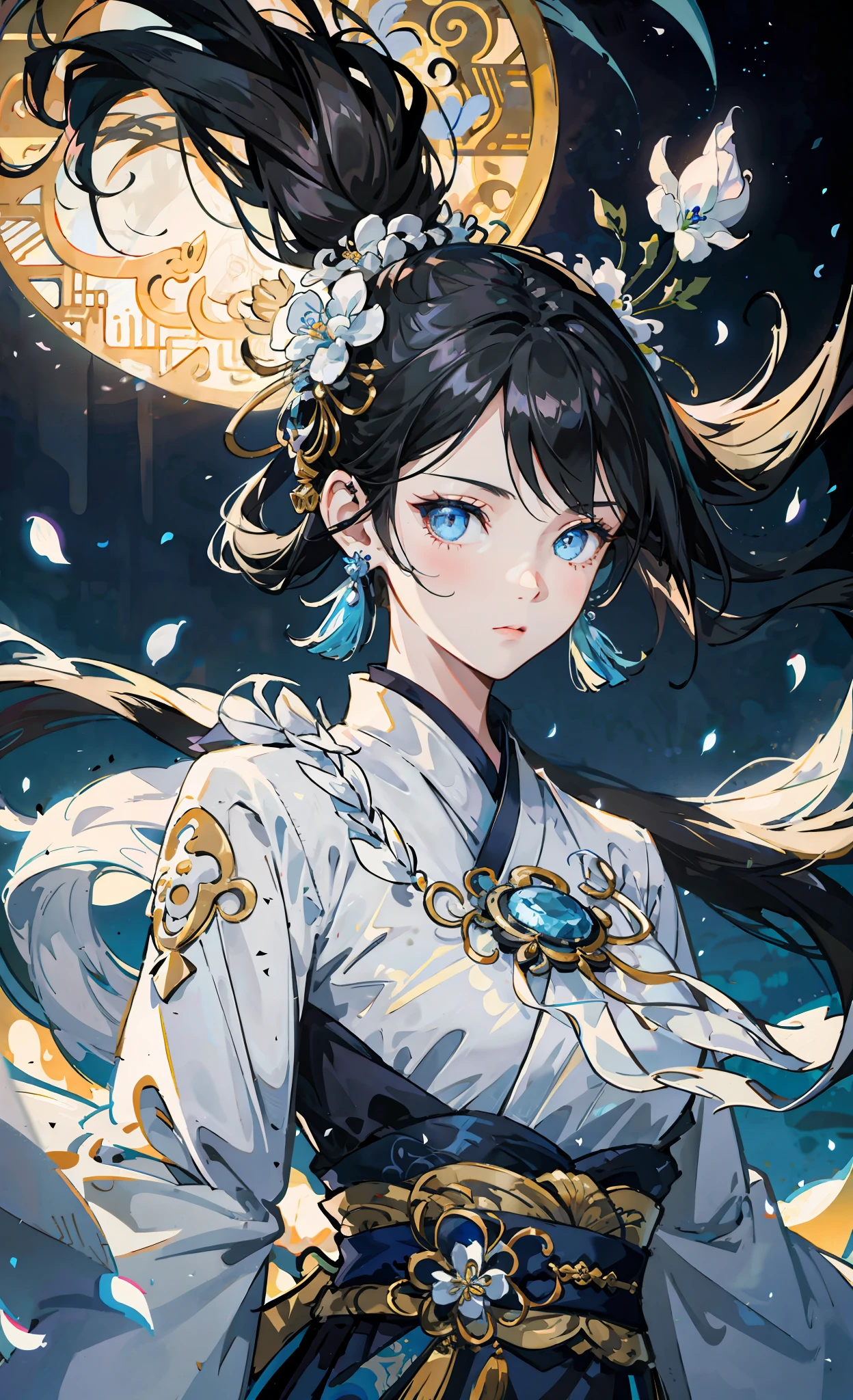 Official Art Illustration, Girl, Blue Eyes, Black Hair Color, Floating Hair, Hairpin, Delicate Eyes, Intricate Blue Hanfu, Gorgeous Accessories, Intricate Filigree, Wearing Earrings, FOV, F/1.8, Masterpiece, Background with Ancient Chinese Architecture, Night, Petals Flying, Frontal Perspective, Chang'e, Side Light, Moonlight Shining on People, 8K, Hazy