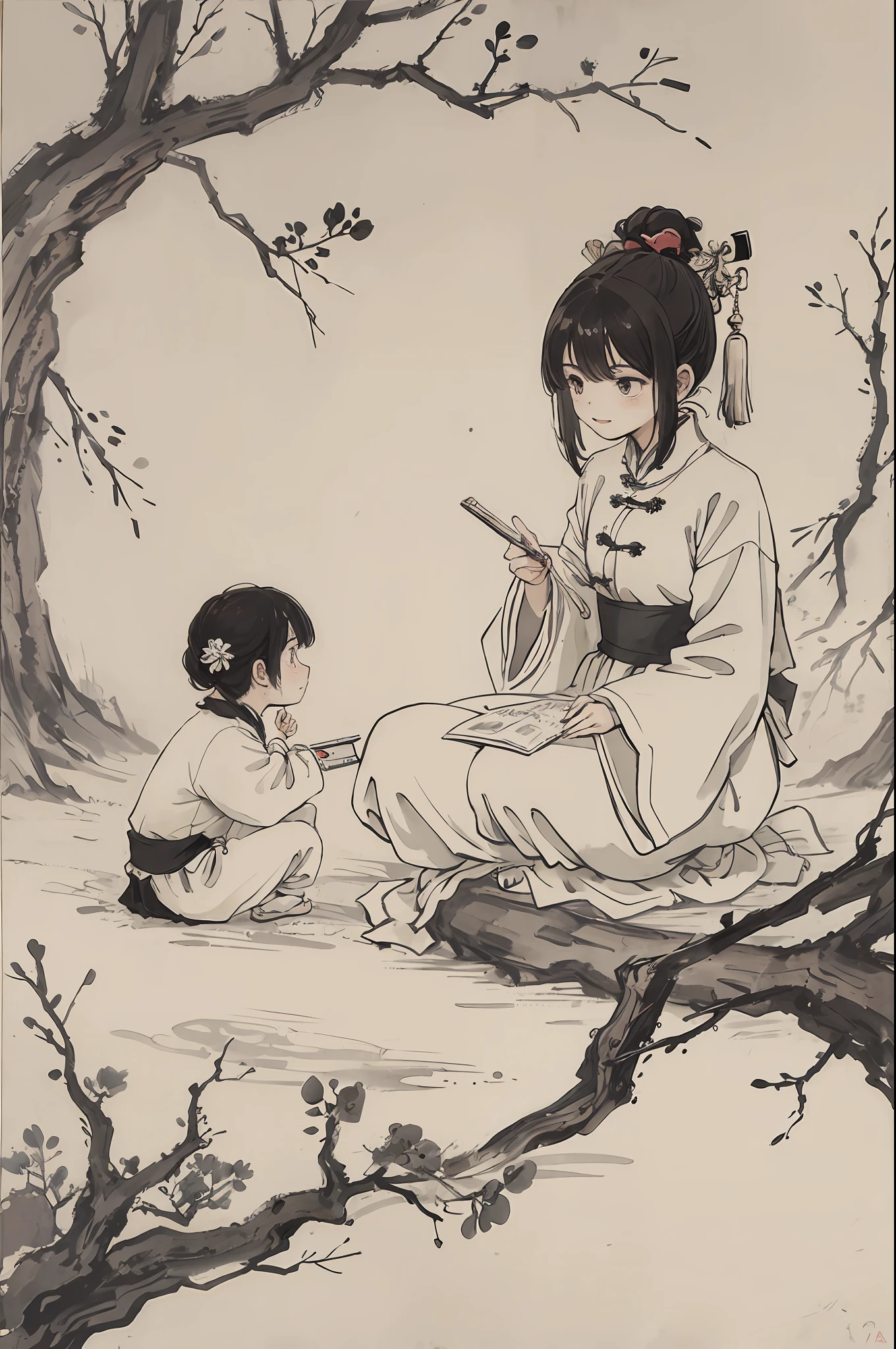 (Masterpiece, best quality: 1.2), traditional Chinese ink painting, two children, noisy school