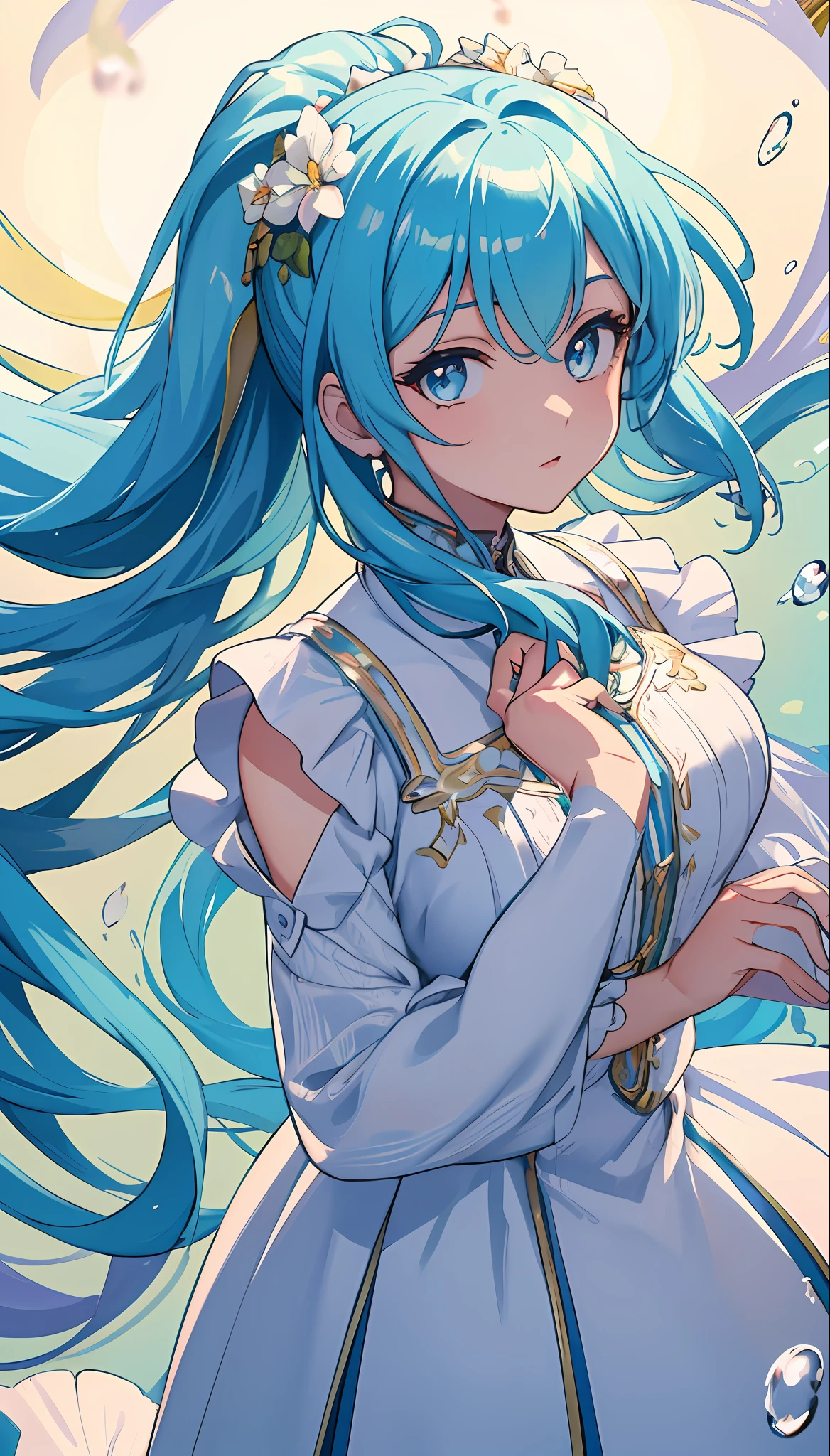 (masterpiece), (best quality), (ultra detailed),(disheed hair),(illustration), (1girl), (Fashionable clothing), standing, Fashion model, looking at viewer, (interview), (simple background), beautiful and delicate eyes, delicate beauty, floating, (high saturation), (colorful splash), colorful bubbles, (shine), focus on face, ponytail, Ayaka Kamisato, light blue hair, bangs, hair ring, floating flowers, flowing hair, (shiny), best lighting, best shadow, wedding dress