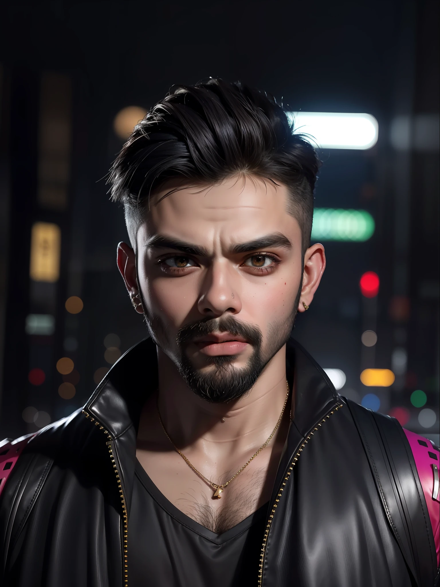 Best quality, masterpiece, ultra high res, (photorealistic:1.4), raw photo, handsome Virat Kohli, facial hair, cyberpunk night backdrop