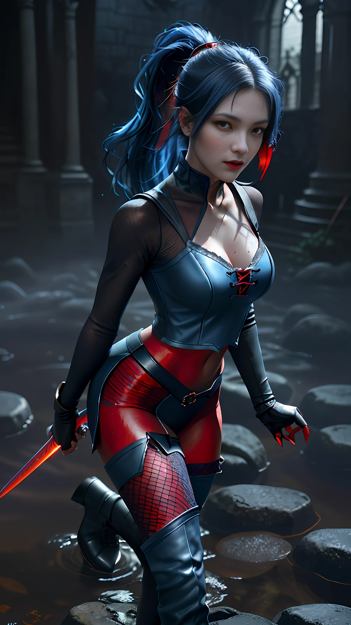 Perfect waist cut, Large breasts, Warrior girl with a small short sword on hand, Skimpy organza clothes ,dark blue hair with red highlights, (perfect nose), Seductive gaze, dark blue boots on high heels with red highlights, (Best Illustration), 8k Resolution, Intricate Details, Best Quality, Realistic, Ultra Detailed, Best Lighting, Best Shadows, Ultra HD, A Necromancer style, Night, Magic, Dark Style, Vampire, (shining red eyes:1.6), masterpiece, high_res, Beautiful face, tyndall effect, photo realistic, (high detailed skin:1.2), 8k uhd, dslr, high quality, Photograph, high resolution, 4k, 8k, Bokeh, absurdres, ponytail contorted, best ratio four finger and one thumb, front view, dark blue hair gorgeous, perfect proportional skinny fitness body, full body view, wet skin, wet clothes, dark cathedral baground scenery, huge bobs, belly muscle, long fit perfect legs, fishnet dark red Stockings