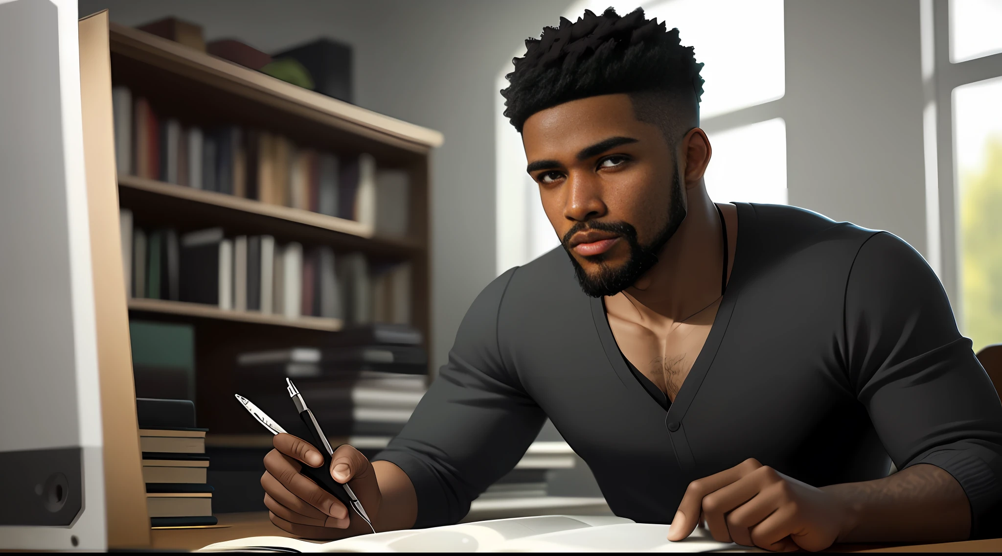 The lonely young black man is sitting at his desk, daylight streaming in through the glass windows behind him. He is focused on his computer, studying and researching with a serious and determined expression on his face. There are books and notes scattered around the table, suggesting that he is an organized and dedicated person in his studies. The soft lighting of the room adds a touch of tranquility and introspection to the scene, while the realistic technique of representation allows us to appreciate every detail of the environment and the main character. The image conveys a sense of hard work and commitment, highlighting the importance of study and education for personal and professional growth. man alone,black skinshort hair short beard beautiful details of hand perfect eyes,fleshy lips realistic image,with realistic details.man alone,black skinshort hair short beard beautiful details of hand perfect eyes,fleshy lips realistic image,with realistic details. lonely black man.