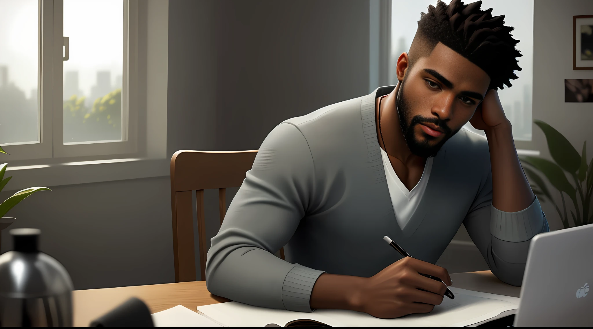 The lonely young black man is sitting at his desk, daylight streaming in through the glass windows behind him. He is focused on his computer, studying and researching with a serious and determined expression on his face. There are books and notes scattered around the table, suggesting that he is an organized and dedicated person in his studies. The soft lighting of the room adds a touch of tranquility and introspection to the scene, while the realistic technique of representation allows us to appreciate every detail of the environment and the main character. The image conveys a sense of hard work and commitment, highlighting the importance of study and education for personal and professional growth. man alone,black skinshort hair short beard beautiful details of hand perfect eyes,fleshy lips realistic image,with realistic details.man alone,black skinshort hair short beard beautiful details of hand perfect eyes,fleshy lips realistic image,with realistic details. lonely black man.