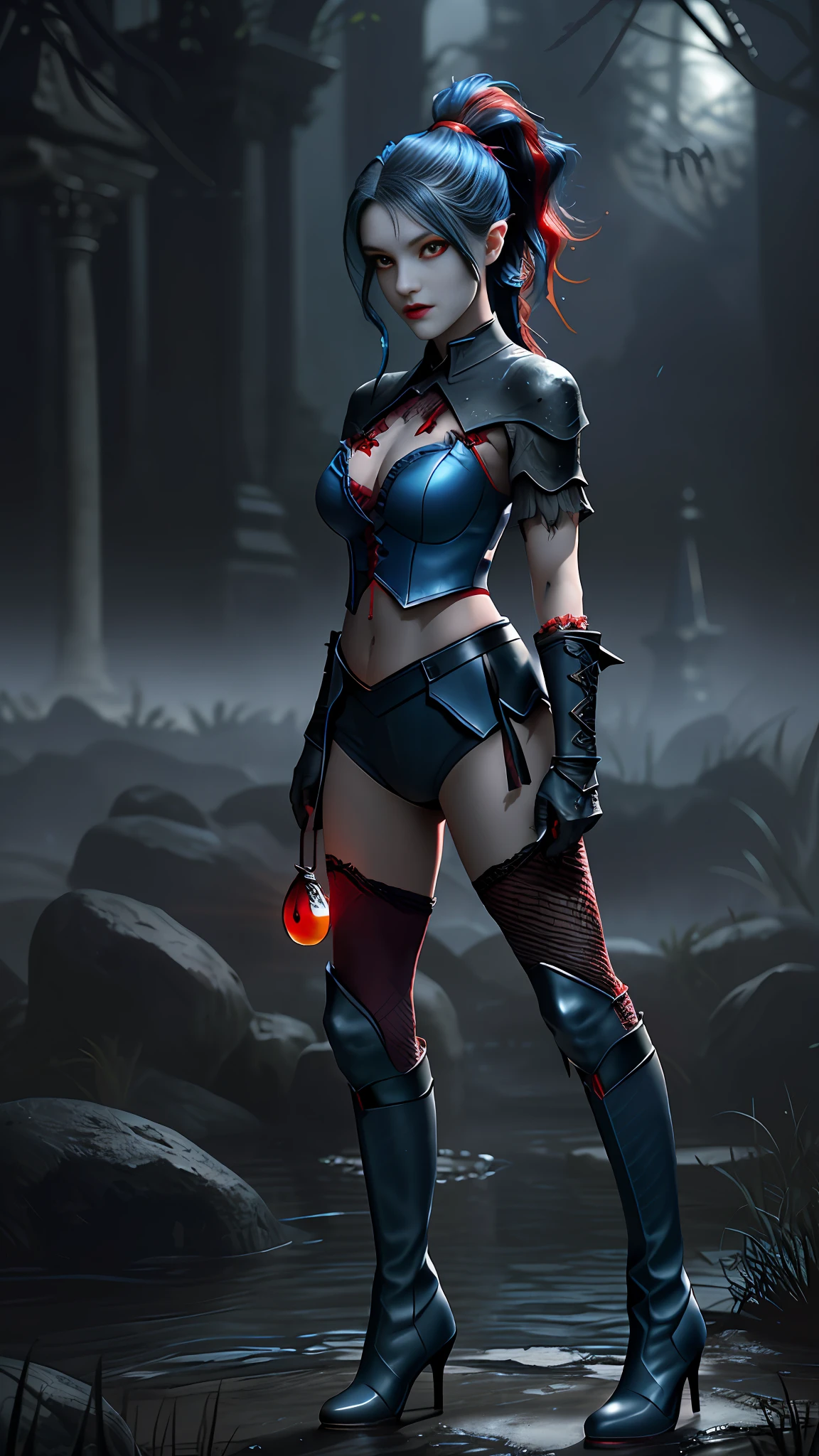 Perfect waist cut, Large breasts, Warrior girl with a small short sword on hand, Skimpy organza clothes ,dark blue hair with red highlights, (perfect nose), Seductive gaze, dark blue boots on high heels with red highlights, (Best Illustration), 8k Resolution, Intricate Details, Best Quality, Realistic, Ultra Detailed, Best Lighting, Best Shadows, Ultra HD, A Necromancer style, Night, Magic, Dark Style, Vampire, (shining red eyes:1.6), masterpiece, high_res, Beautiful face, tyndall effect, photo realistic, (high detailed skin:1.2), 8k uhd, dslr, high quality, Photograph, high resolution, 4k, 8k, Bokeh, absurdres, ponytail contorted, best ratio four finger and one thumb, front view, dark blue hair gorgeous, perfect proportional skinny fitness body, full body view, wet skin, wet clothes, dark cathedral baground scenery, huge bobs, belly muscle, long fit perfect legs, fishnet dark red Stockings