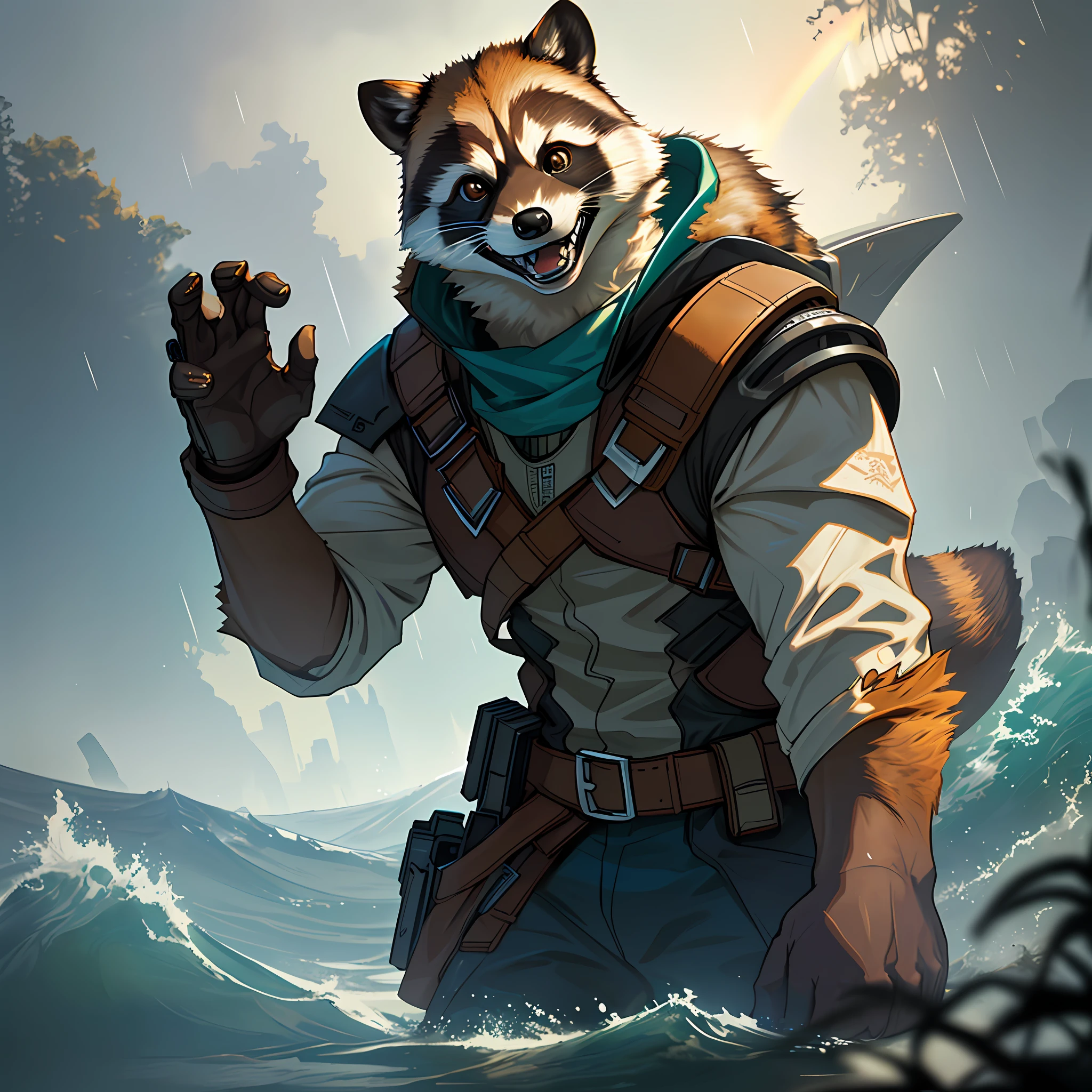 (Masterpiece: 1.3), (Happy: 1.3) A close-up photo of wet (rocket raccoon wonders: 1.3) in Wastelander clothing is seen out of water, masterpiece, best quality, extremely detailed, sunbeams shining through the skin, by Craig Mullins, Greg Rutakowski, Golden Hour, (Rain: 1.3). (rainbow: 1.3), (waves: 1.5), 3D rendering, poster, clouds, cute, fluffy, HDR, RTX, (hands up: 1.5), water droplets, Guardians of the Galaxy, (cute brown eyes: 1.5), (sharp: 1.5), sharp fangs, smile, ([tail| detailed cable]: 1.3), (intricate details), HDR, (intricate details, hyper-detailed: 1.2), (close portrait: 1.3), thematic background, (dark shot: 1.17), epic realistic, faded, ((neutral colors)),  art, (HDR: 1.5), (muted colors: 1.2), hyper-detailed, (ArtStation: 1.5), cinematic, warm lights, dramatic light, (intricate details: 1.1), complex background, (rutkowski: 0.8), (teal and orange: 0.4)