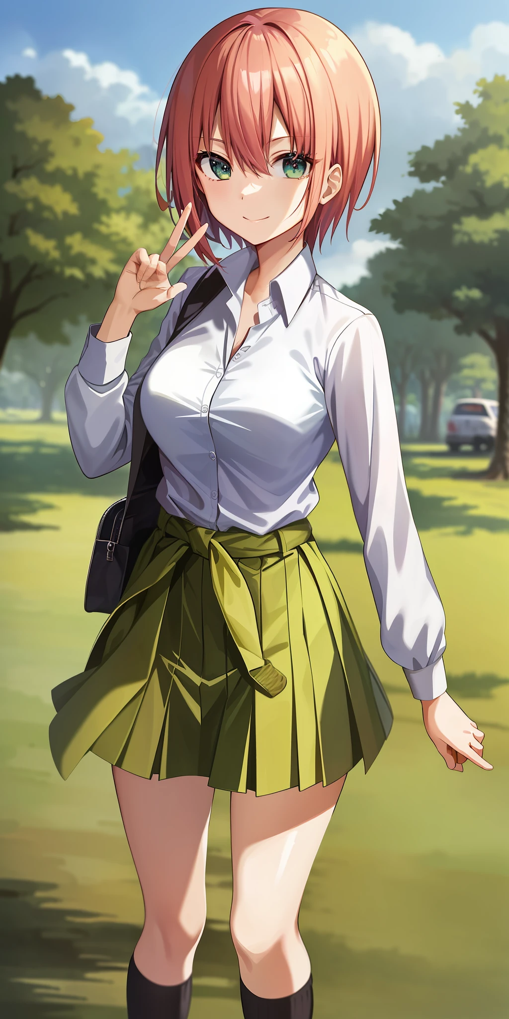 2D, Masterpiece, Best Quality, Anime, Very Detailed, One Girl, Solo, Cowboy Shot, Ichika Nakano, Pink Hair, Short Hair, Cardigan Around the waist, Collared Shirt, Green Skirt, Mini Skirt, Panties from Front,Midchest, Standing, School, Outdoors, Smile