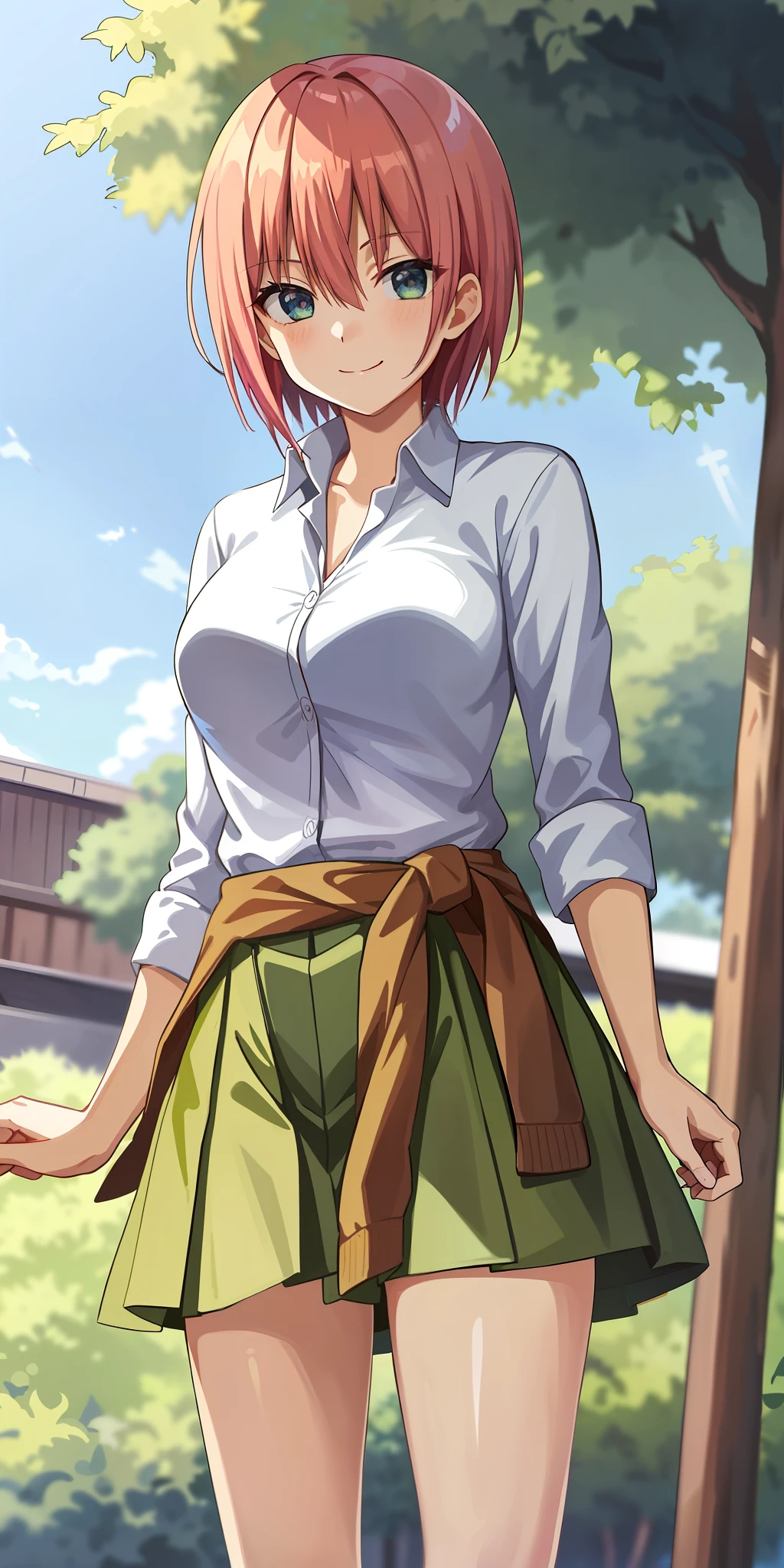 2D, Masterpiece, Best Quality, Anime, Very Detailed, One Girl, Solo, Cowboy Shot, Ichika Nakano, Pink Hair, Short Hair, Cardigan Around the waist, Collared Shirt, Green Skirt, Mini Skirt, Panties from Front,Midchest, Standing, School, Outdoors, Smile