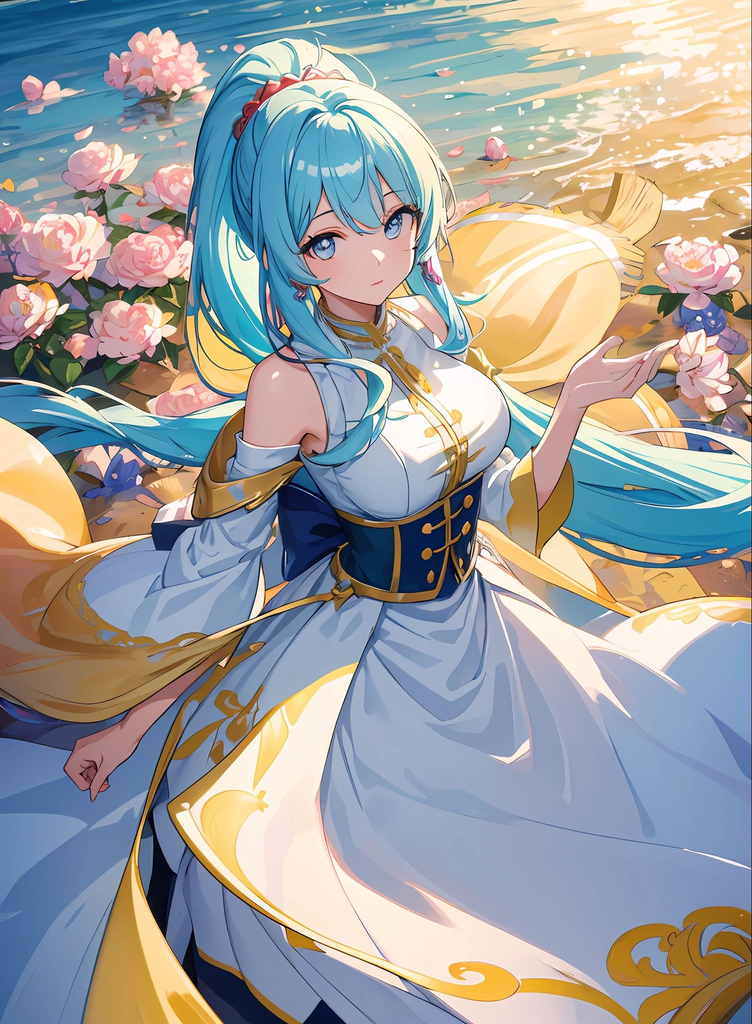 (masterpiece), (best quality), (ultra detailed),(disheed hair),(illustration), (1girl), (Fashionable clothing), standing, Fashion model, looking at viewer, (interview), (simple background), beautiful and delicate eyes, delicate beauty, floating, (high saturation), (colorful splash), colorful bubbles, (shine), focus on face, ponytail, Ayaka Kamisato, light blue hair, bangs, hair ring, floating flowers, flowing hair, (shiny), best lighting, best shadow, big breasts