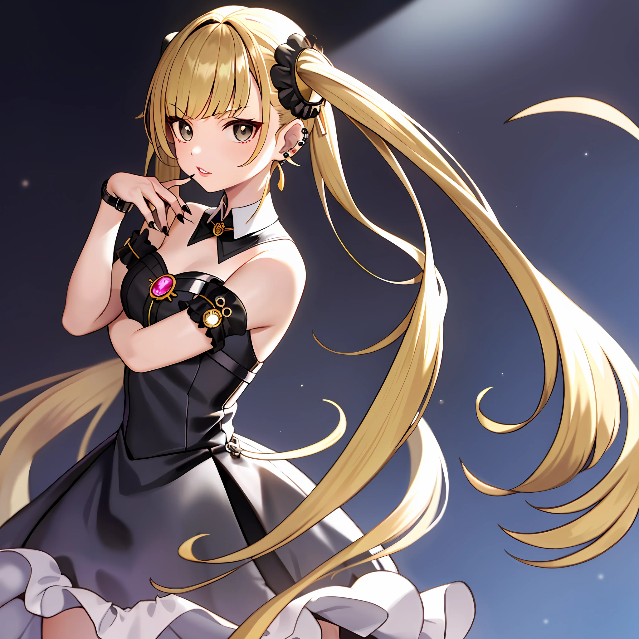 (Masterpiece, Best Quality, Best Quality: 1.2), 1 Girl, Ken Sugimori \(Style\), Alternate Costume, Artist Name, Bangs, Black Dress, Cheeks, Corn Hairpans, Detached Collar, Separated Sleeves, Double Pans, Dress, Ear Piercings, Genshin Impact, Hair Piercing, Hugging, Hair Hugging, Jewelry, Kenchin (Genshin Impact\), Lips, Long Hair, Watch the Beholder, Manicure, manicure, nail polish, nose, piercing, solo, twin tails,