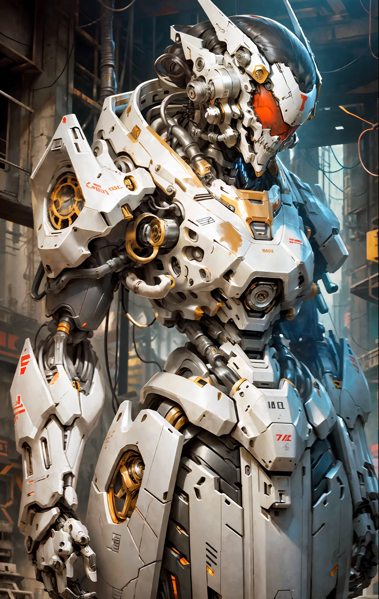 1 woman inside a huge bulky exoskeleton robot , ((bulky)) armor, mecha,
ink, clean lines, negative space, high contrast, gradient color,(((masterpiece))), ((best quality)), (ultra-detailed), (CG illustration), (an extremely devious and beautiful)), cinematic light, ((mechanical girl)), single, (machine-made joints: 1.4), ((mechanical limbs)), ( blood vessels attached to the tube), ((mechanical cervical vertebrae attached to the neck), (wires and cables attached to the head and body: 1.5), city ruin scenery, dynamic pose, dynamic light, indonesia flag