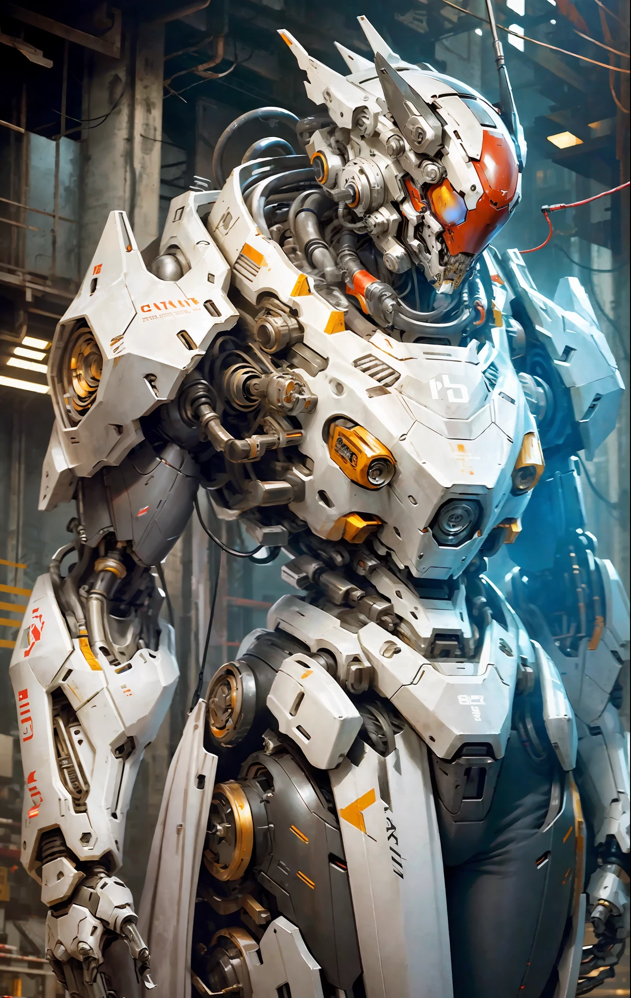 1 woman inside a huge bulky exoskeleton  robot  , ((bulky)) armor,  mecha, 
ink, clean lines,  negative space, high contrast, gradient color,(((masterpiece))), ((best quality)), (ultra-detailed), (CG illustration), (an extremely devious and beautiful)), cinematic light, ((mechanical girl)), single, (machine-made joints: 1.4), ((mechanical limbs)), ( blood vessels attached to the tube), ((mechanical cervical vertebrae attached to the neck), (wires and cables attached to the head and body: 1.5), city ruin scenery, dynamic pose, dynamic light, indonesia flag