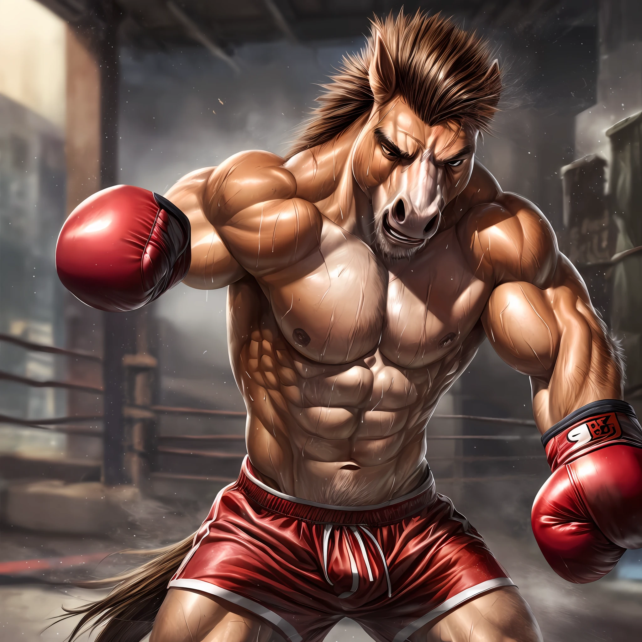 (high quality, realistic), (action-packed dynamic pose) portraying a (powerful and masculine anthropomorphic horse), (bruised and sweating and dressed in boxing gloves and shorts)(correct anatomy).