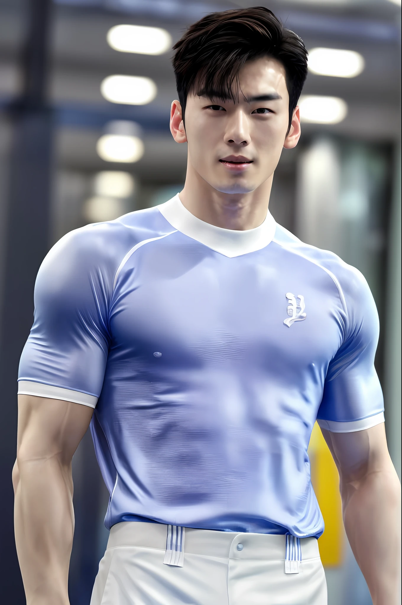 A Young Korean man , 1boy,eunwoo, white skin , detailed skin, 1boy, ((realistic)), abs, good lighting quality, muscle veins, ((pale skin)), (masterpiece, ultra quality, high resolution, 8k, intricate:1.2), (detailed face:1.2), handsome, , bulge, erections,1boy,solo, tight football uniform, wet