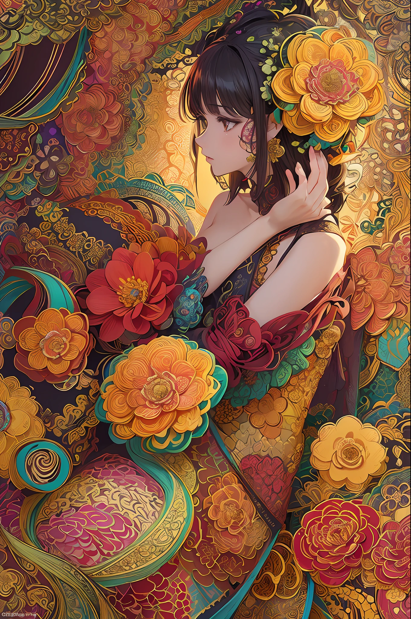 (masterpiece, top quality, best quality, official art, beautiful and aesthetic:1.2), (1girl:1.3), extremely detailed,(fractal art:1.1),(colorful:1.1)(flowers:1.3),highest detailed,(zentangle:1.2), (dynamic pose), (abstract background:1.3), (chinese Traditional cloth:1.2), (shiny skin), (many colors:1.4), ,(earrings:1.4),