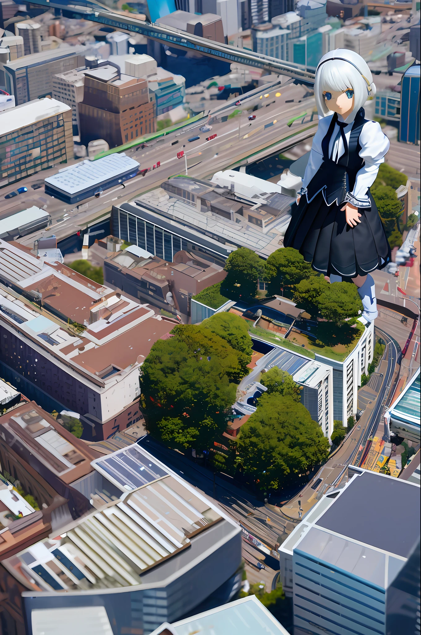 1girl, solo, tiltshift, city, long hair, skirt, giantess, depth of field, yorha no. 2 type b, white hair, short hair, chibi