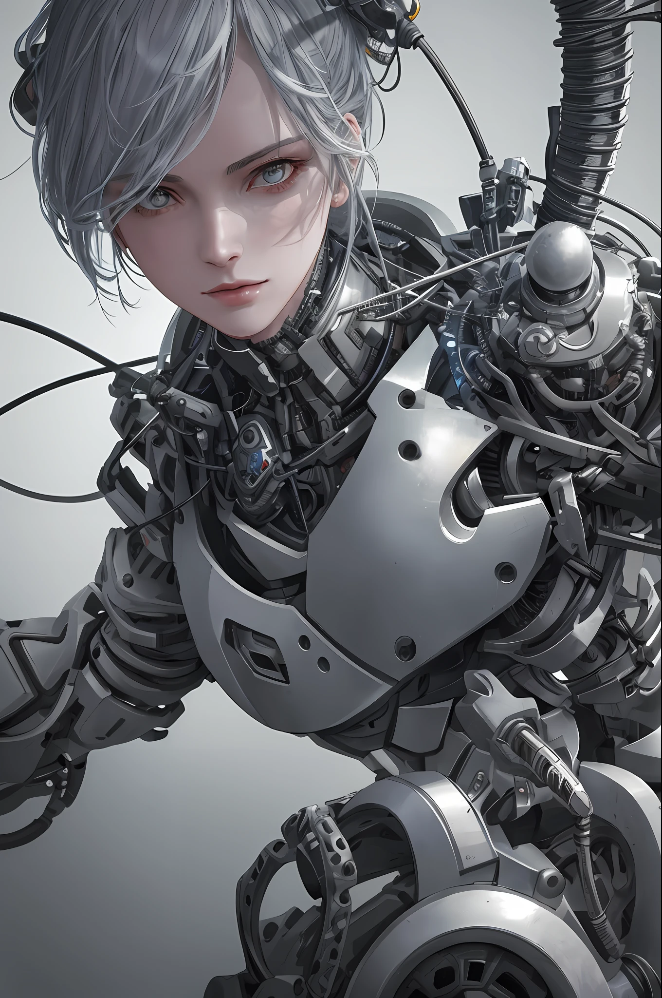 1mechanical girl,((ultra realistic details)), portrait, global illumination, shadows, octane render, 8k, ultra sharp,metal,intricate, ornaments detailed, cold colors, egypician detail, highly intricate details, realistic light, trending on cgsociety, glowing eyes, facing camera, neon details, machanical limbs,blood vessels connected to tubes,mechanical vertebra attaching to back,mechanical cervial attaching to neck,sitting,wires and cables connecting to head